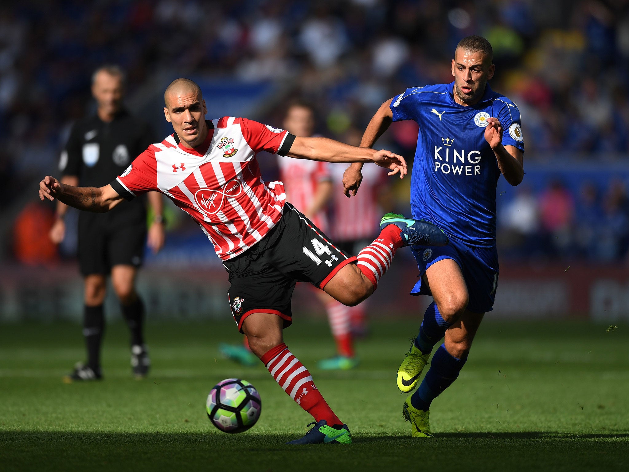 Oriol Romeu and Islam Slimani compete for the ball two weekends ago at the King Power Stadium