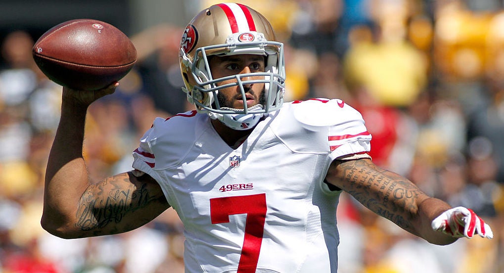 Colin Kaepernick #7 of the San Francisco 49ers drops back to pass in the first quarter during the game against the Pittsburgh Steelers on September 20, 2015 at Heinz Field in Pittsburgh, Pennsylvania.