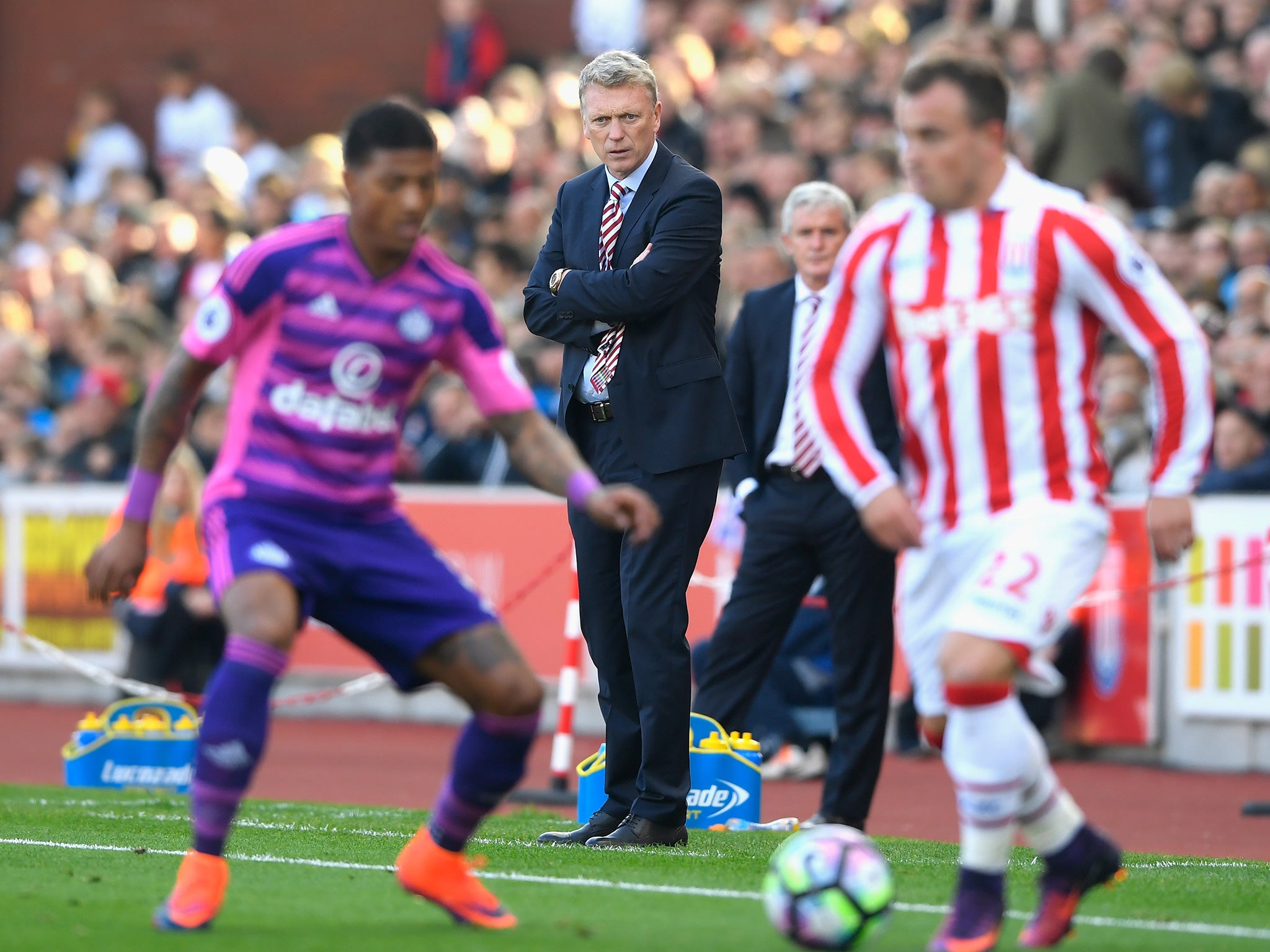 Moyes, whose side remain on just two points, watches on from the touchline