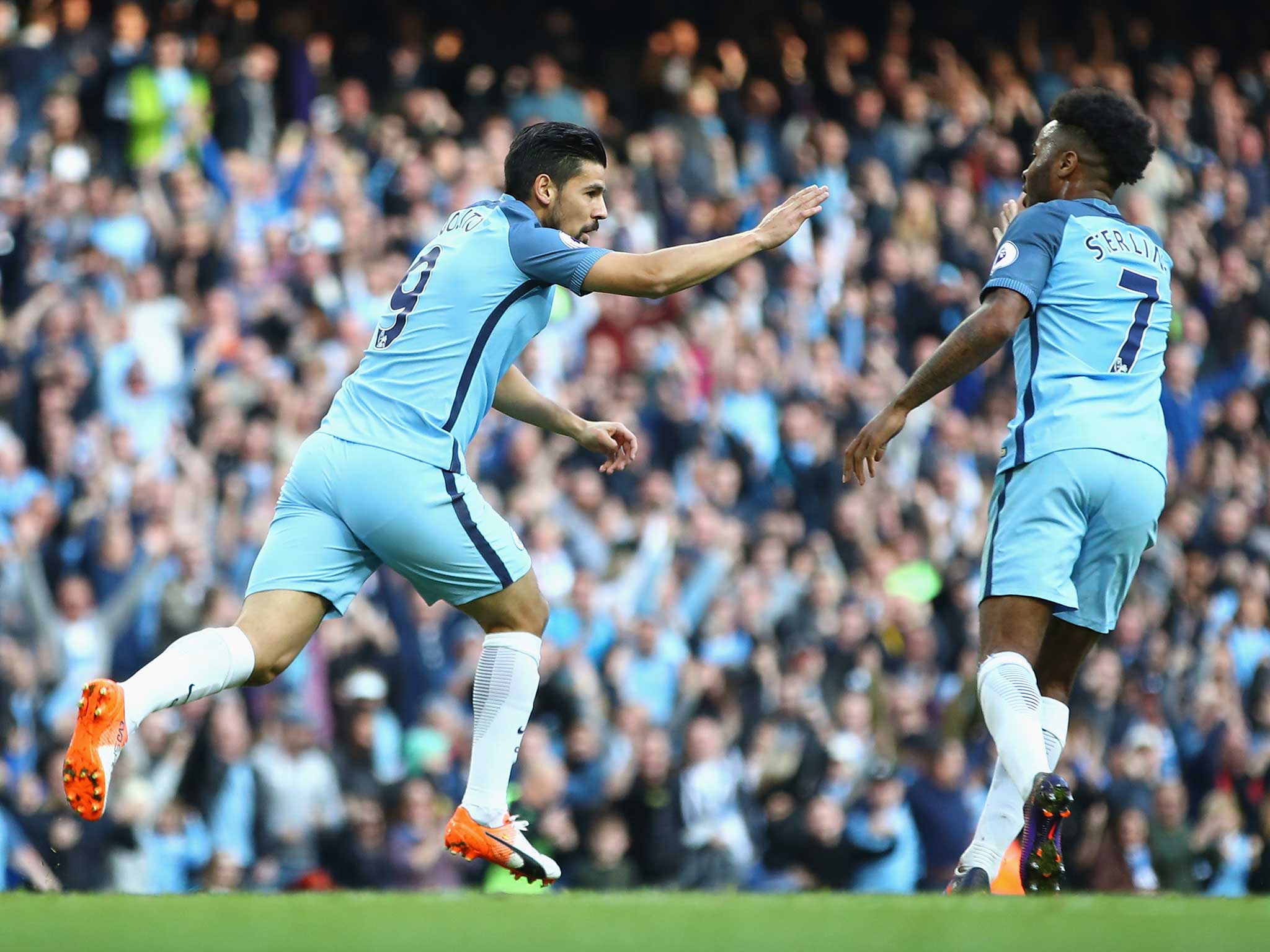 Nolito wheels away after scoring Manchester City's equaliser