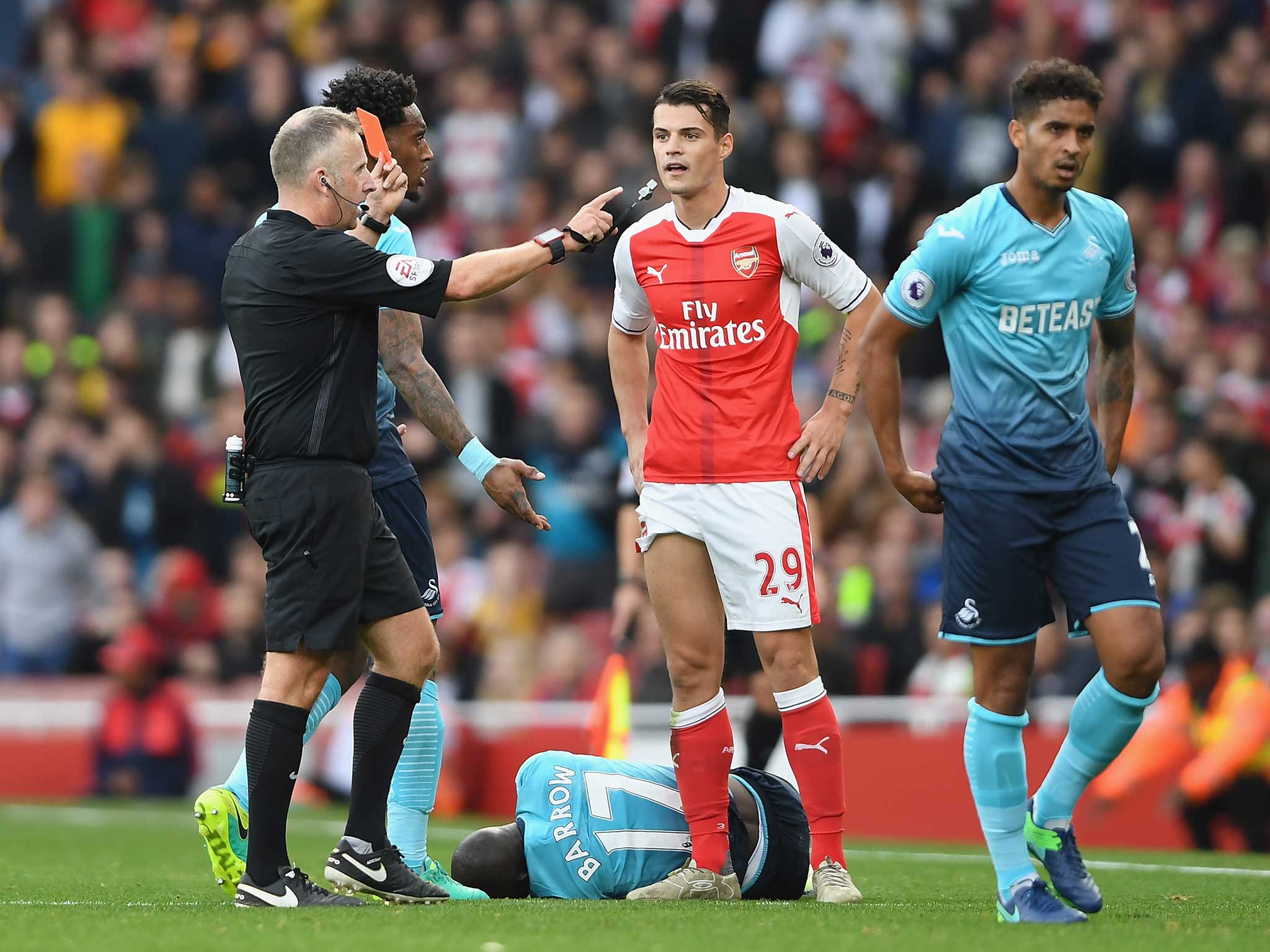 Granit Xhaka was sent off for a rash lunge