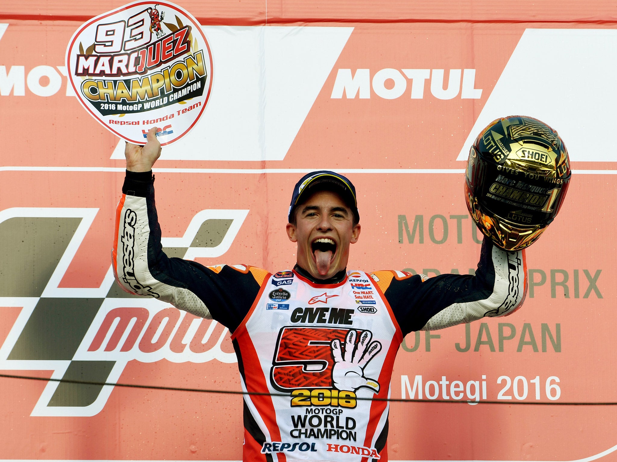 Marc Marquez celebrates winning a third MotoGP world championship