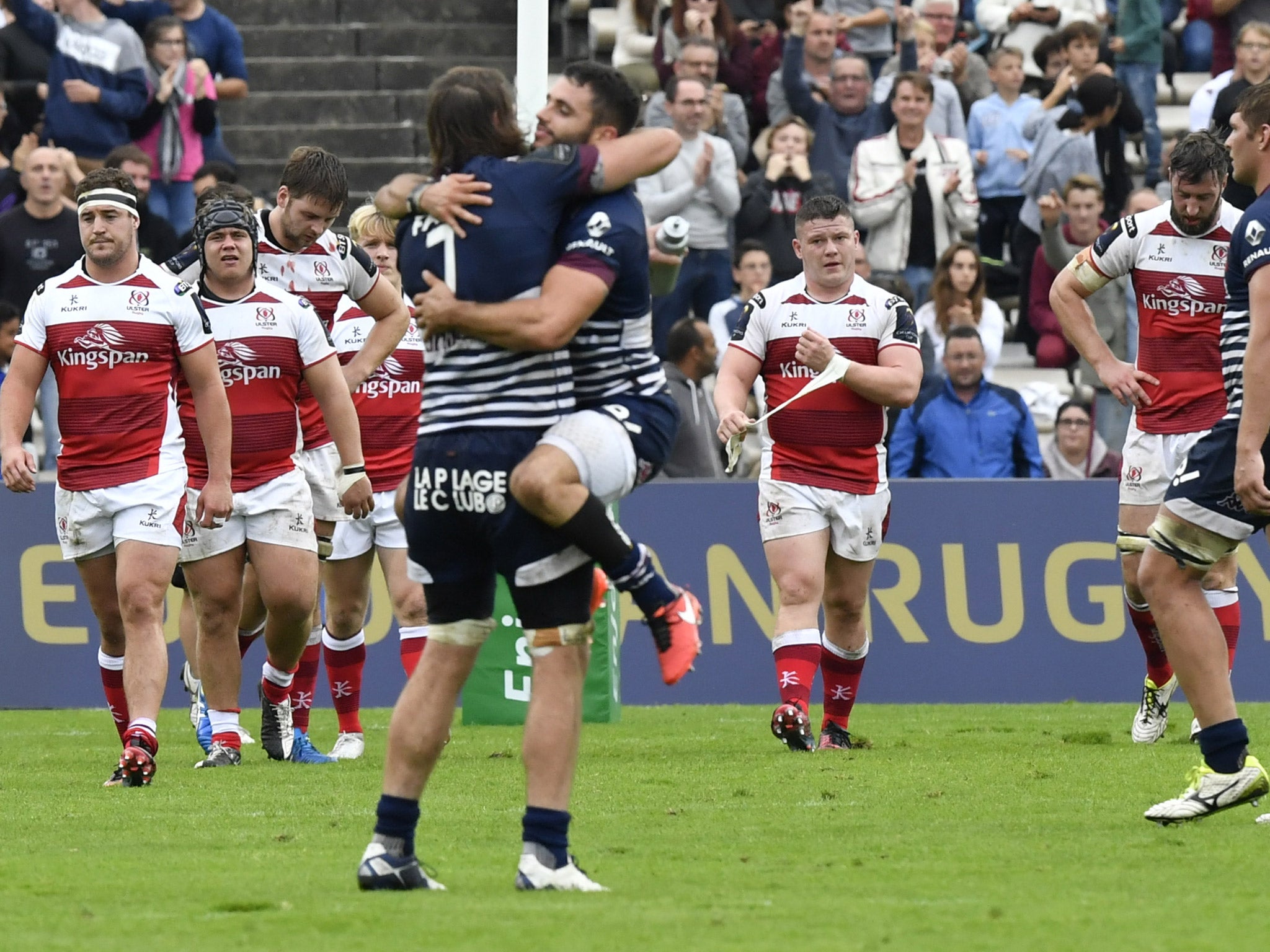 Bordeaux-Begles players celebrate after defeating Ulster 28-13