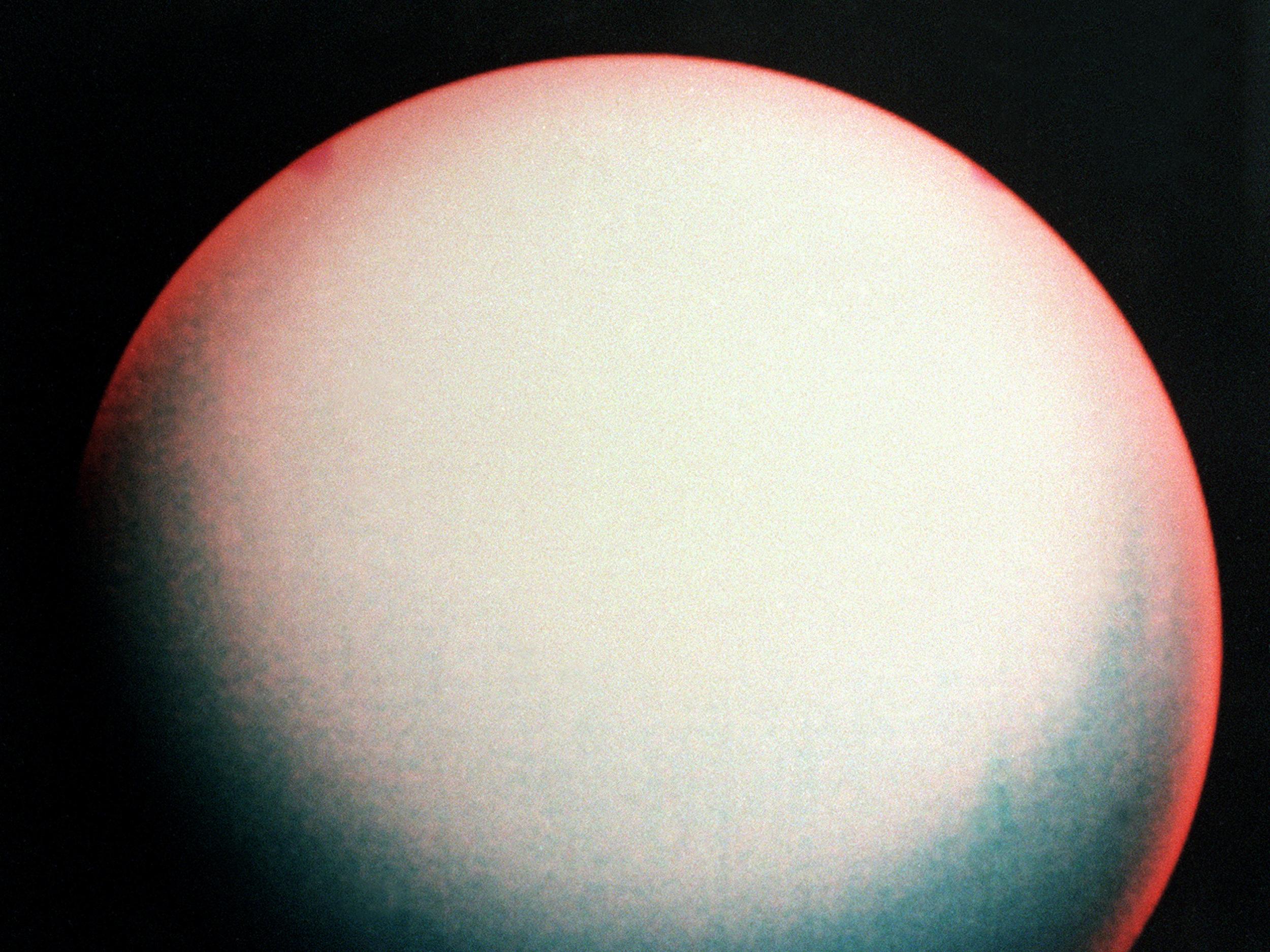 A false color view of Uranus made from images taken by Voyager II, 21 January 1986 from a distance of 4,17 million kilometers