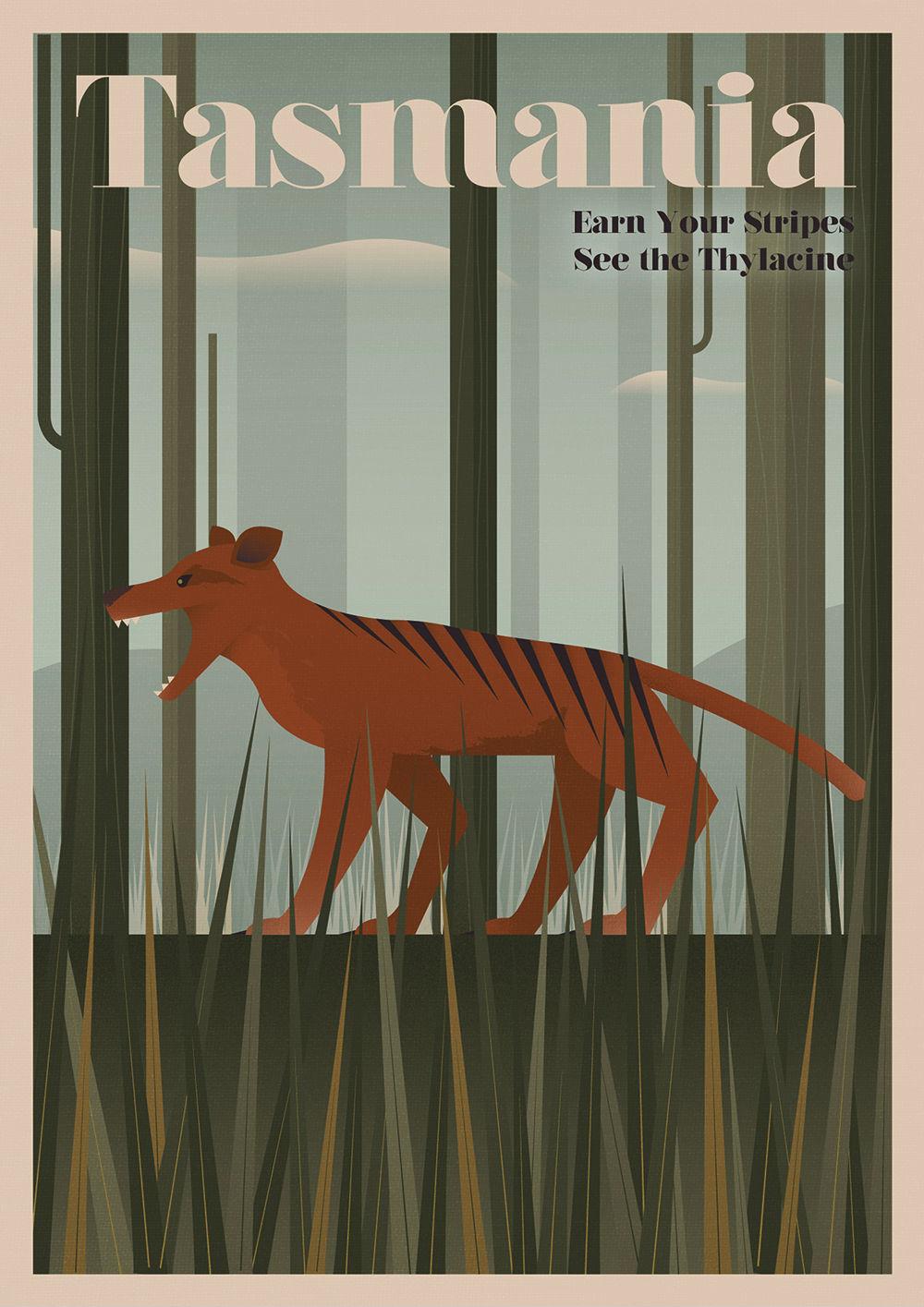 A reconstructed tourist poster featuring the thylacine, created to call attention to the loss of other species across the globe: