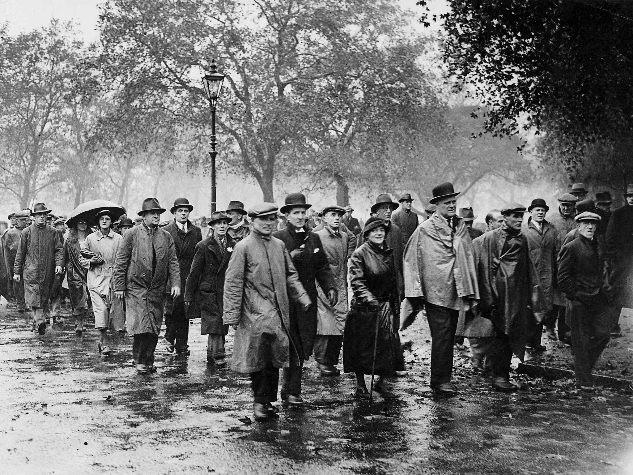 Protest marchers on the Jarrow Crusade, a demonstration march by unemployed men from shipyard town of Jarrow, Tyneside, who walked to London to demand the right to work