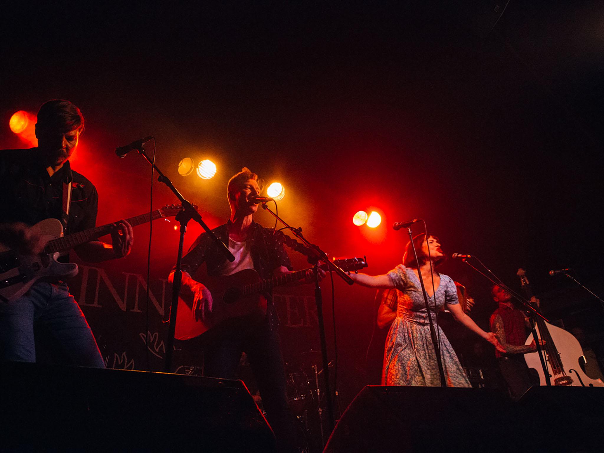 From left to right: Sam Brace, Dan Heptinstall, Lorna Thomas and Michael Camino on the final night of Skinny Lister's UK tour