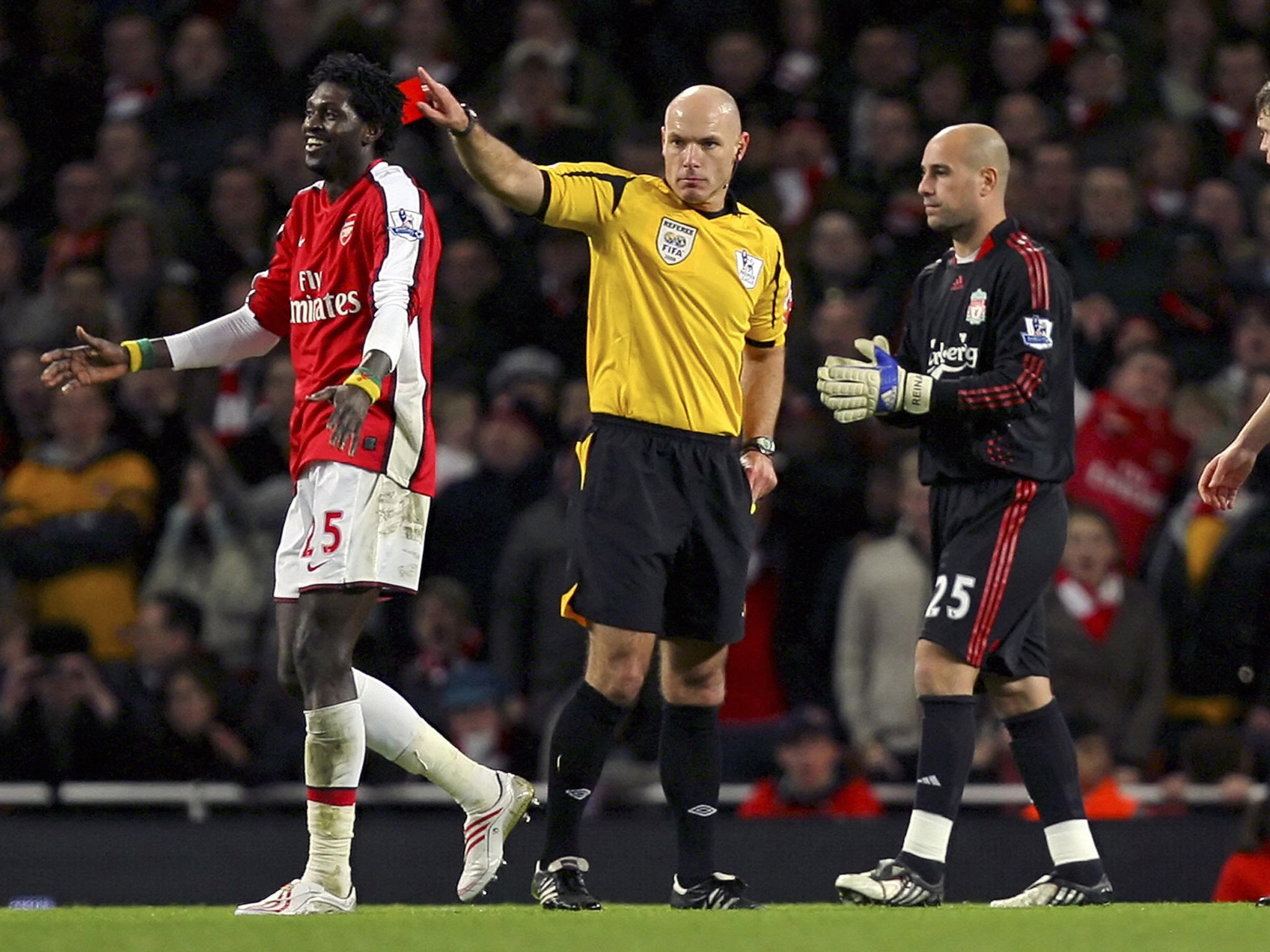 Webb dismisses Arsenal's Emmanuel Adebayor during a match against Liverpool in 2008