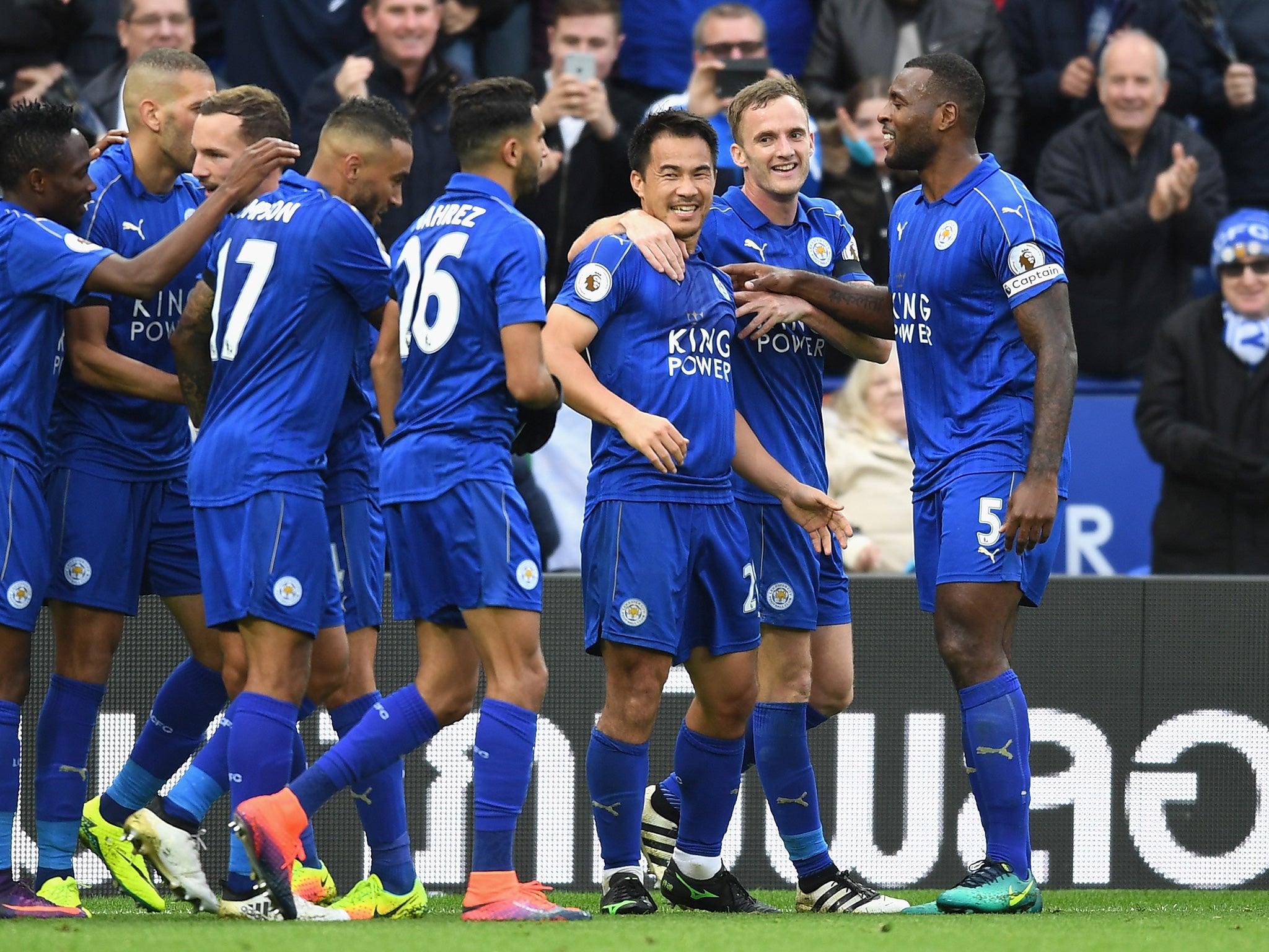 Okazaki is mobbed after grabbing the Foxes' second