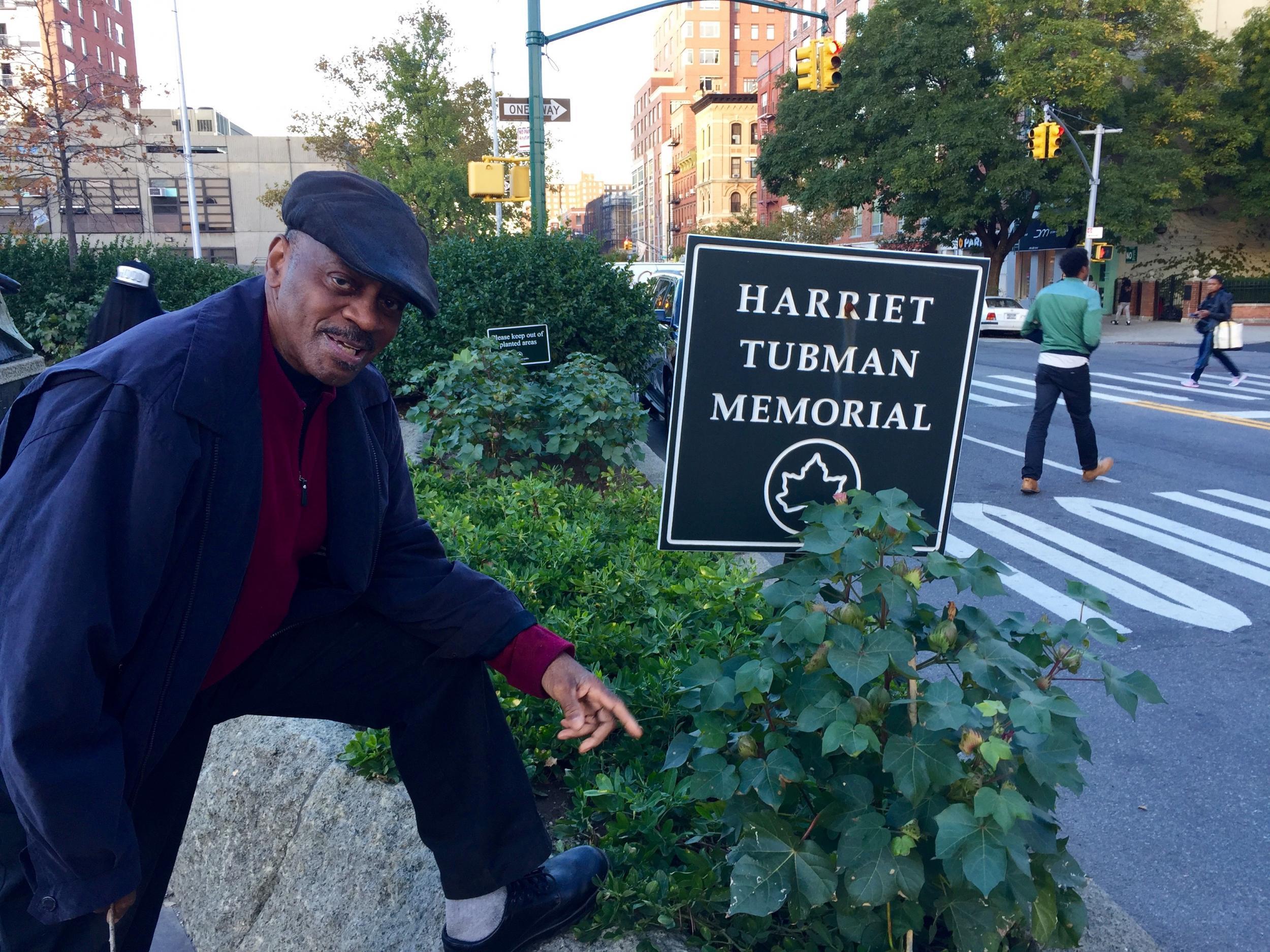 Mr Morgan grows cotton and peanuts next to a statue of Harriet Tubman