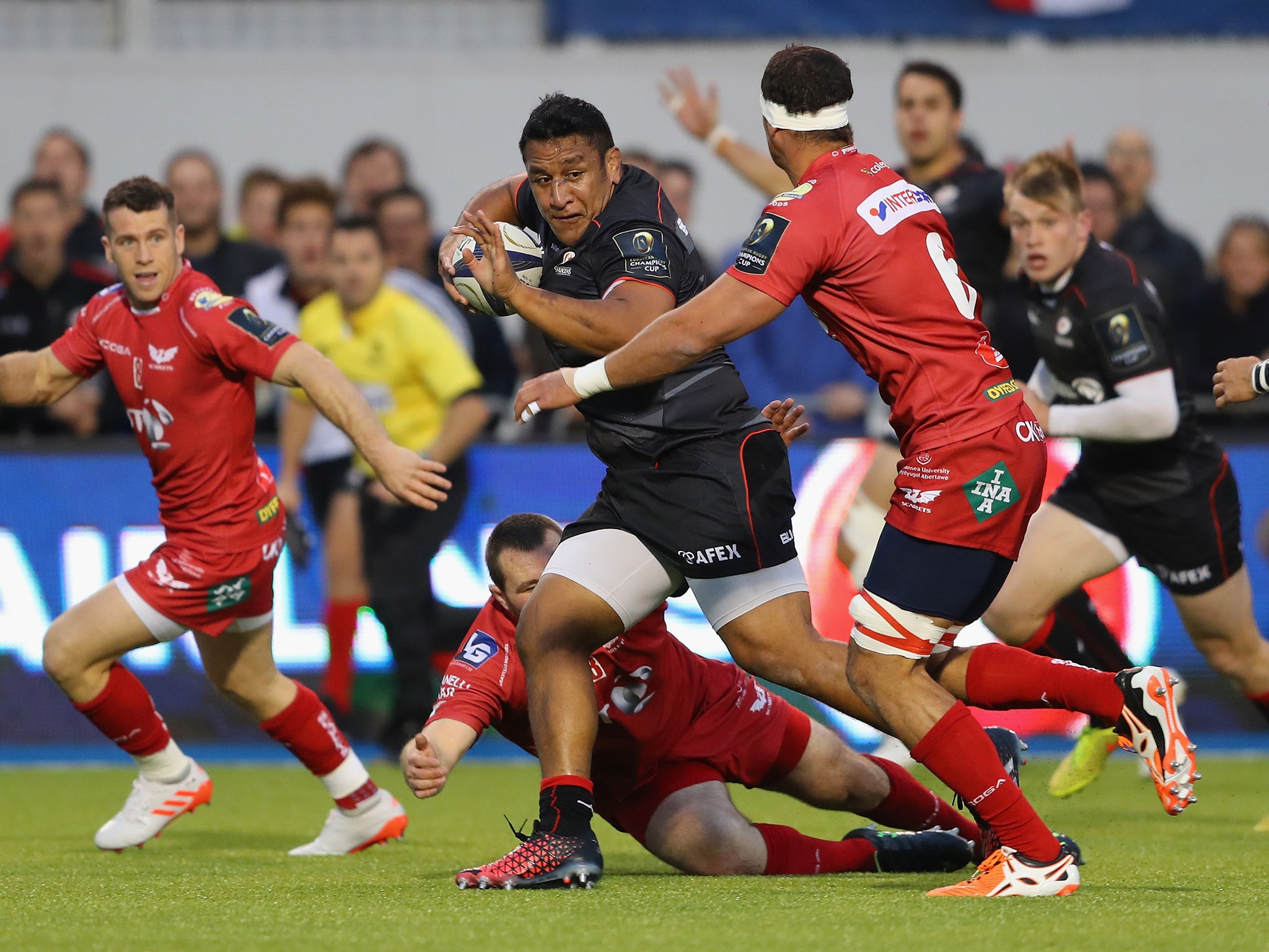 Mako Vunipola charges for the line to score Saracens' opening try