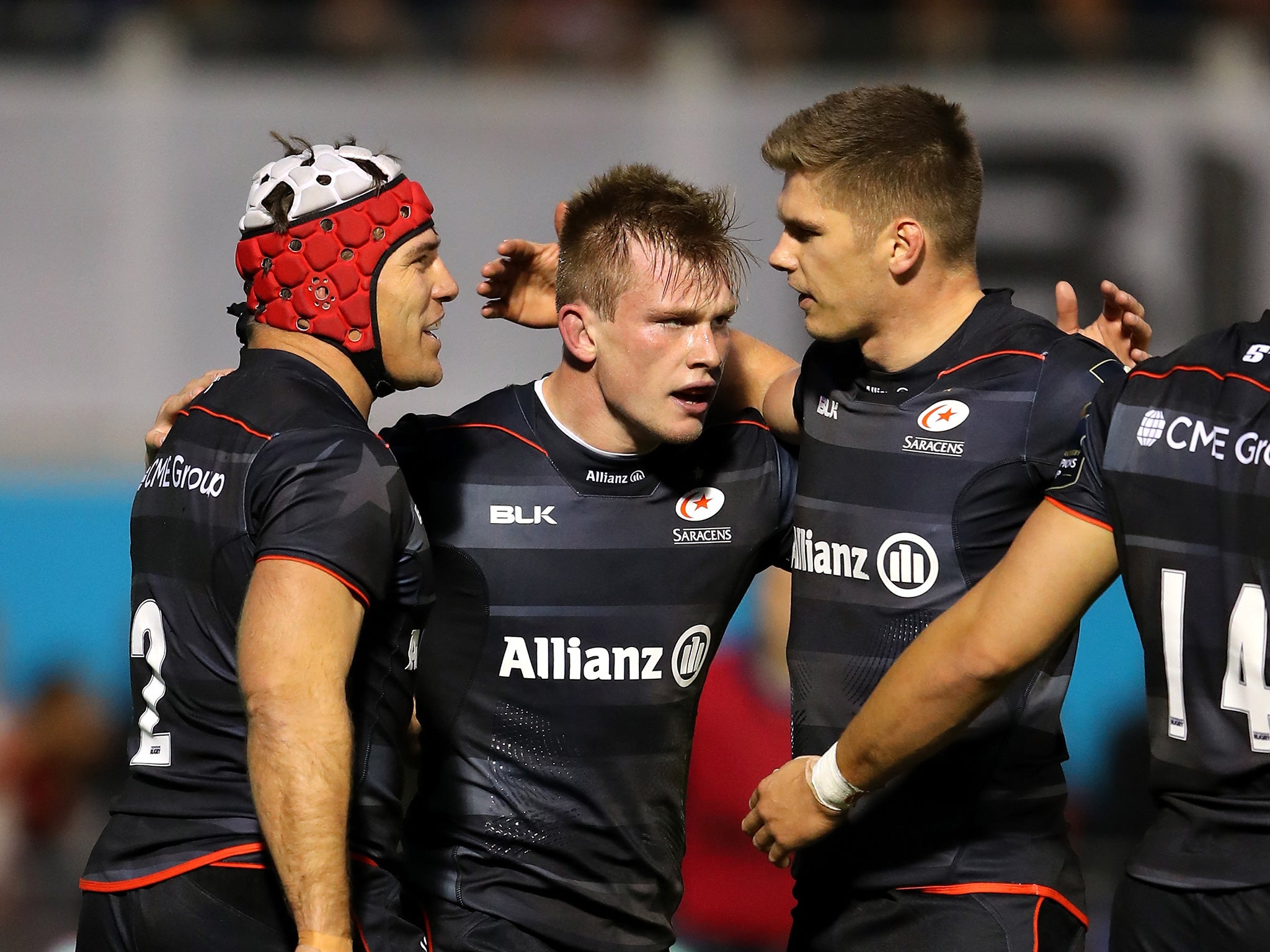 Tompkins celebrates scoring Saracens' second try