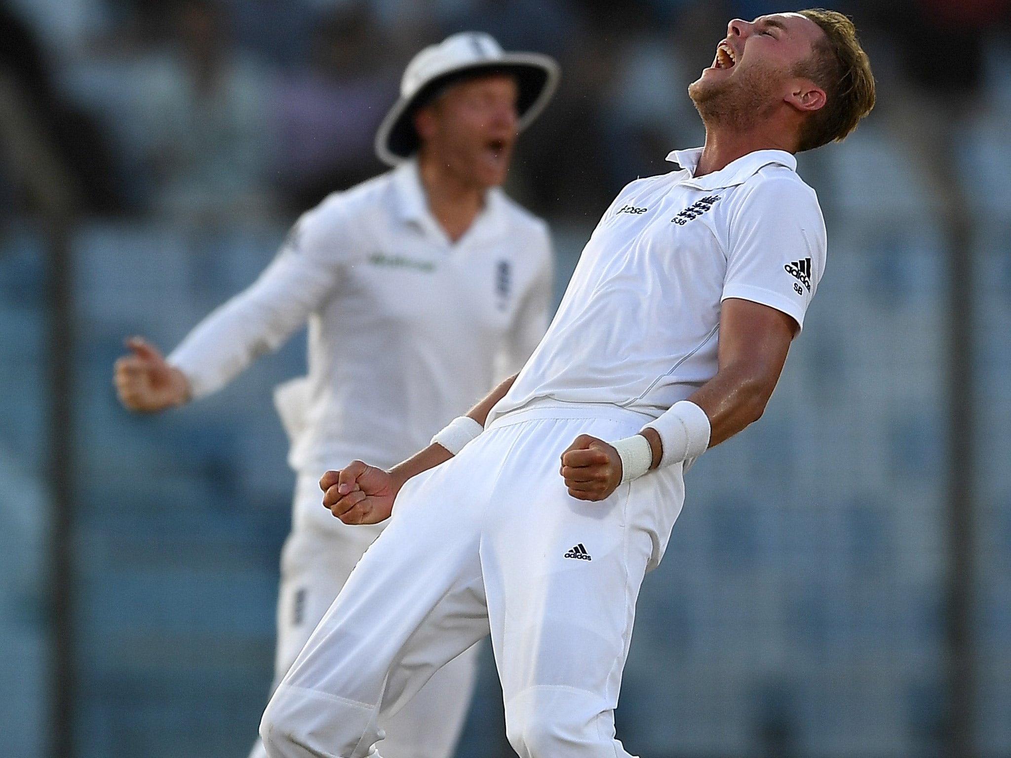 Stuart Broad celebrates taking the wicket of Kamrul Islam Rabbi