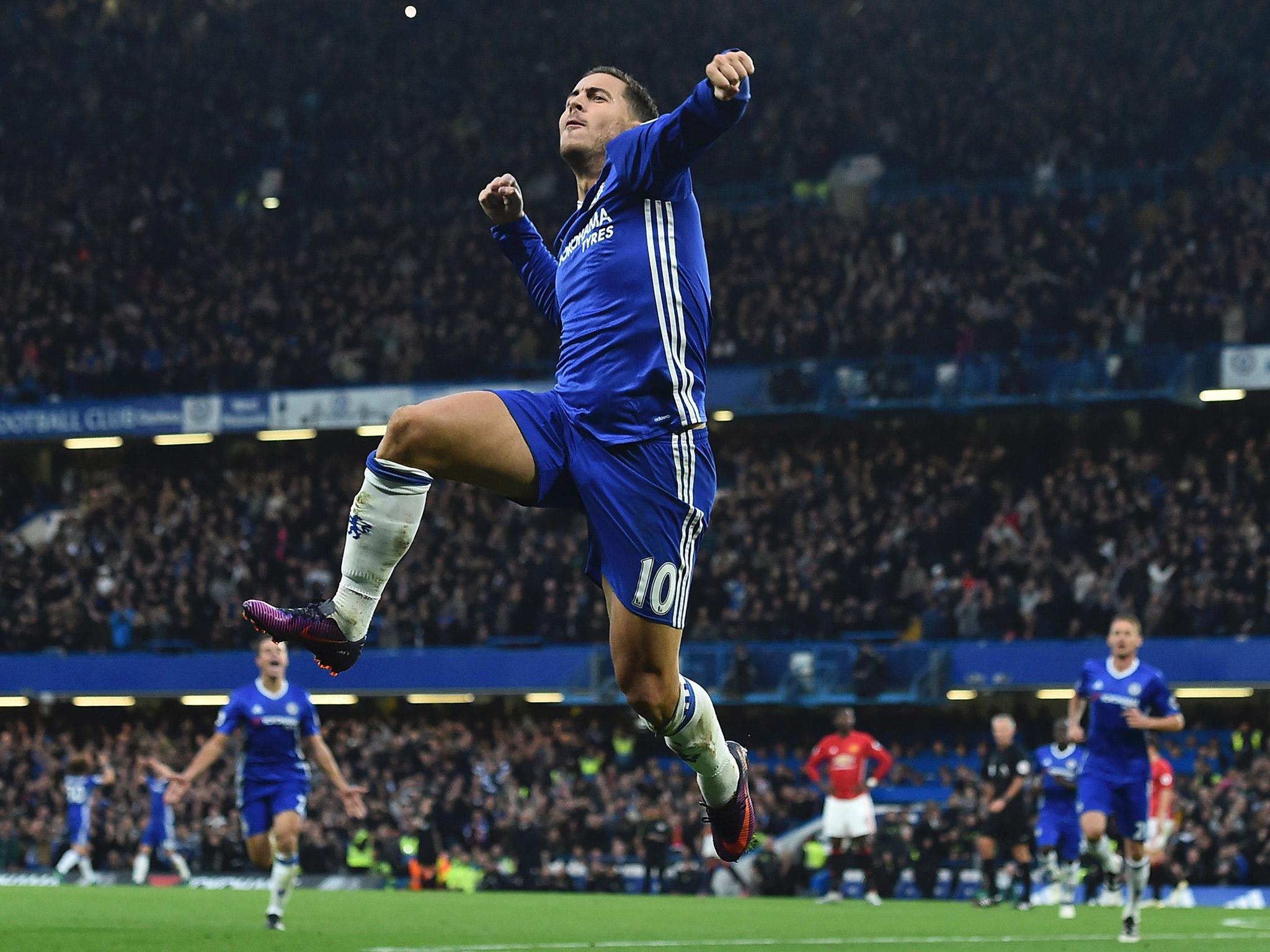 Eden Hazard celebrates scoring Chelsea's third goal against Manchester United