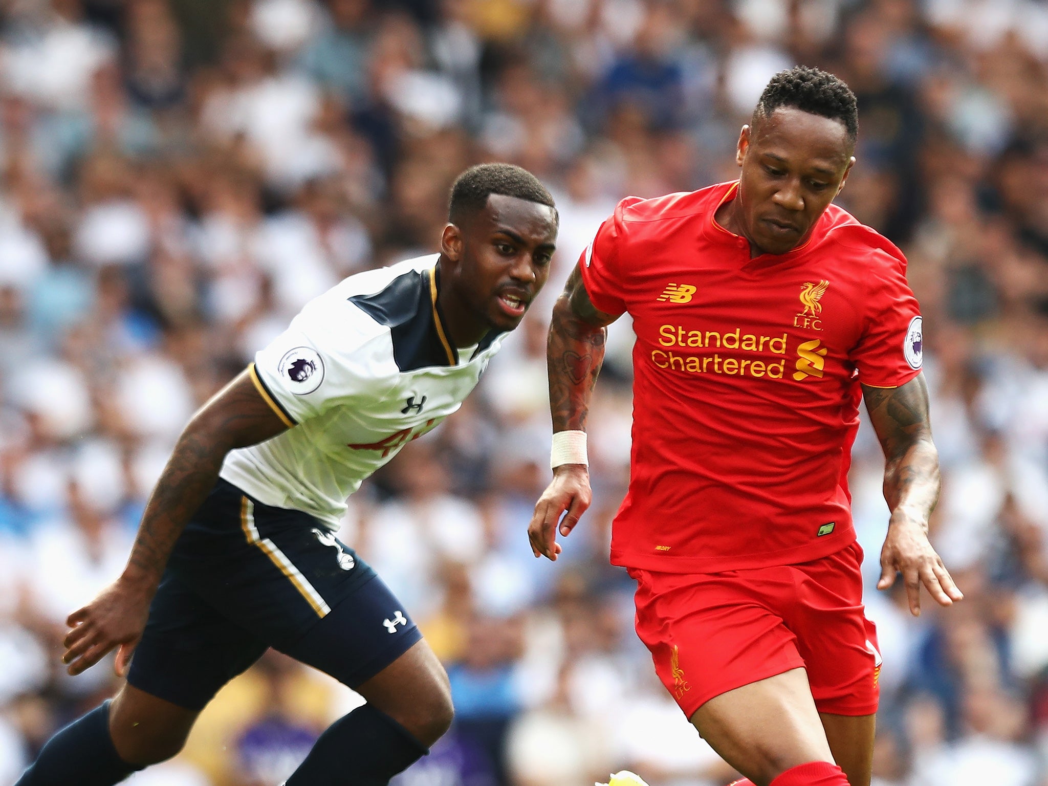 Tottenham's Danny Rose and Liverpool's Nathaniel Clyne in this season's Premier League fixture