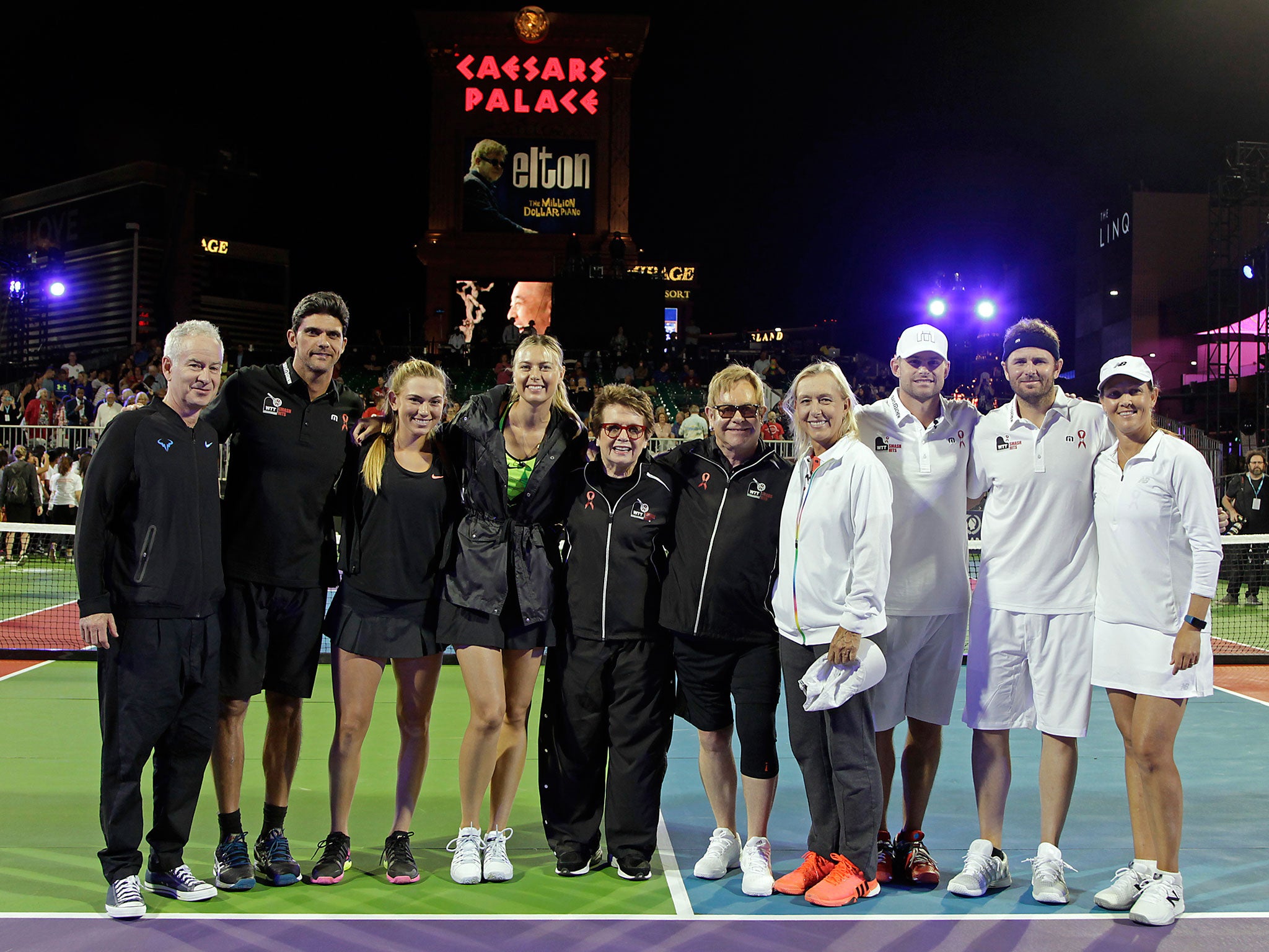 Sharapova with other big names such as John McEnroe, Billie Jean King, Martina Navratilova and Sir Elton John at the World TeamTennis Smash Hits charity tennis event earlier this month