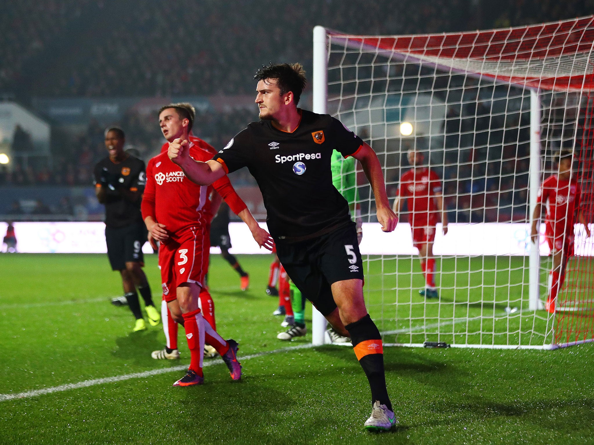 Harry Maguire celebrates his goal for Hull