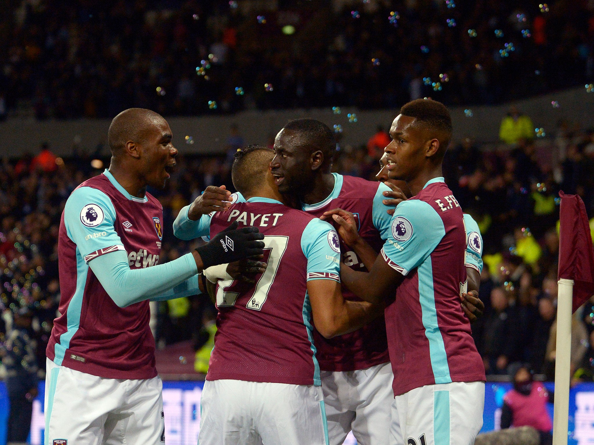 West Ham players congratulate Cheikhou Kouyate who handed the home side an early lead