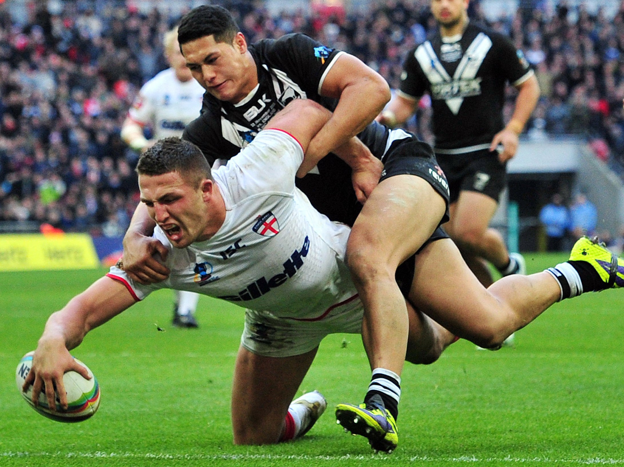 Sam Burgess touches down for England in the World Cup semi-final in 2013