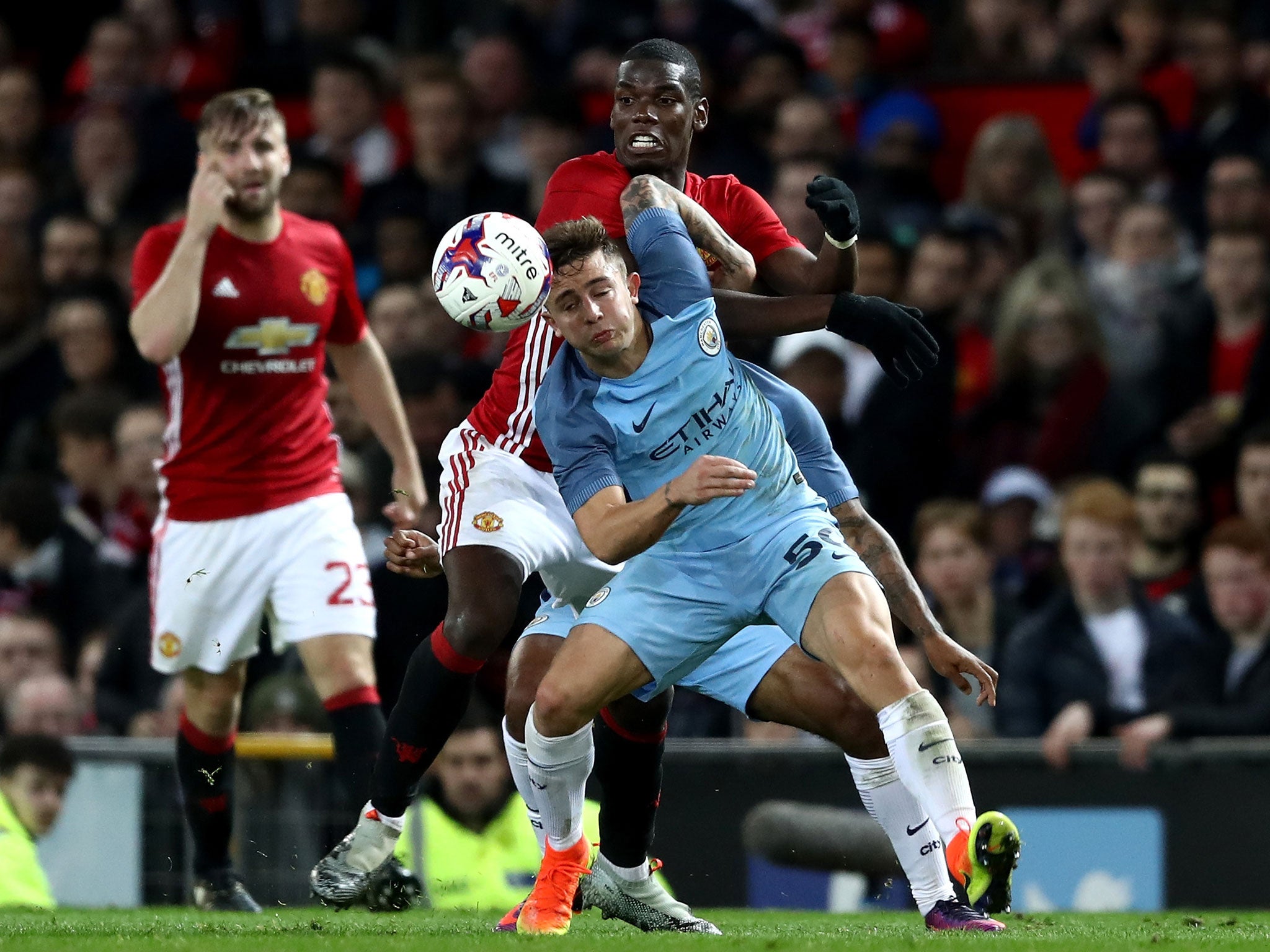 &#13;
Maffeo and Pogba tussle for the ball during on Wednesday night &#13;