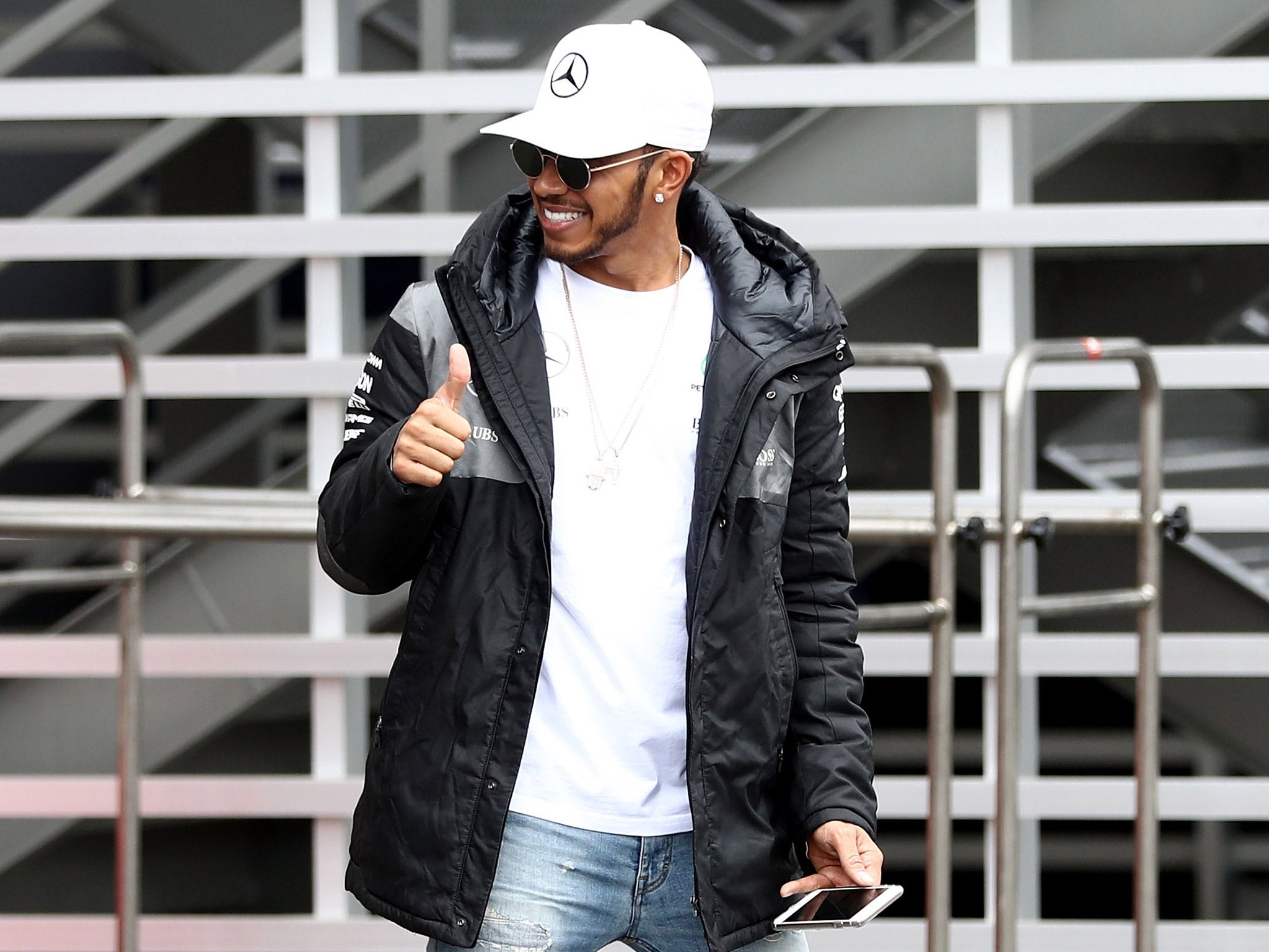 Hamilton arrives at the Autodromo Hermanos Rodriguez in Mexico City