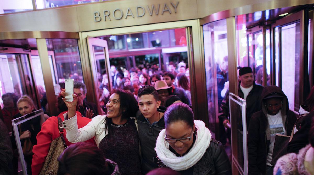 Customers stream into Macy's flagship store in Herald Square on Thanksgiving evening for early Black Friday sales on November 26, 2015 in New York City. Security has been heightened in Herald Square and around the city as thousands of shoppers flock to stores for sales on the kickoff to the Christmas shopping season.