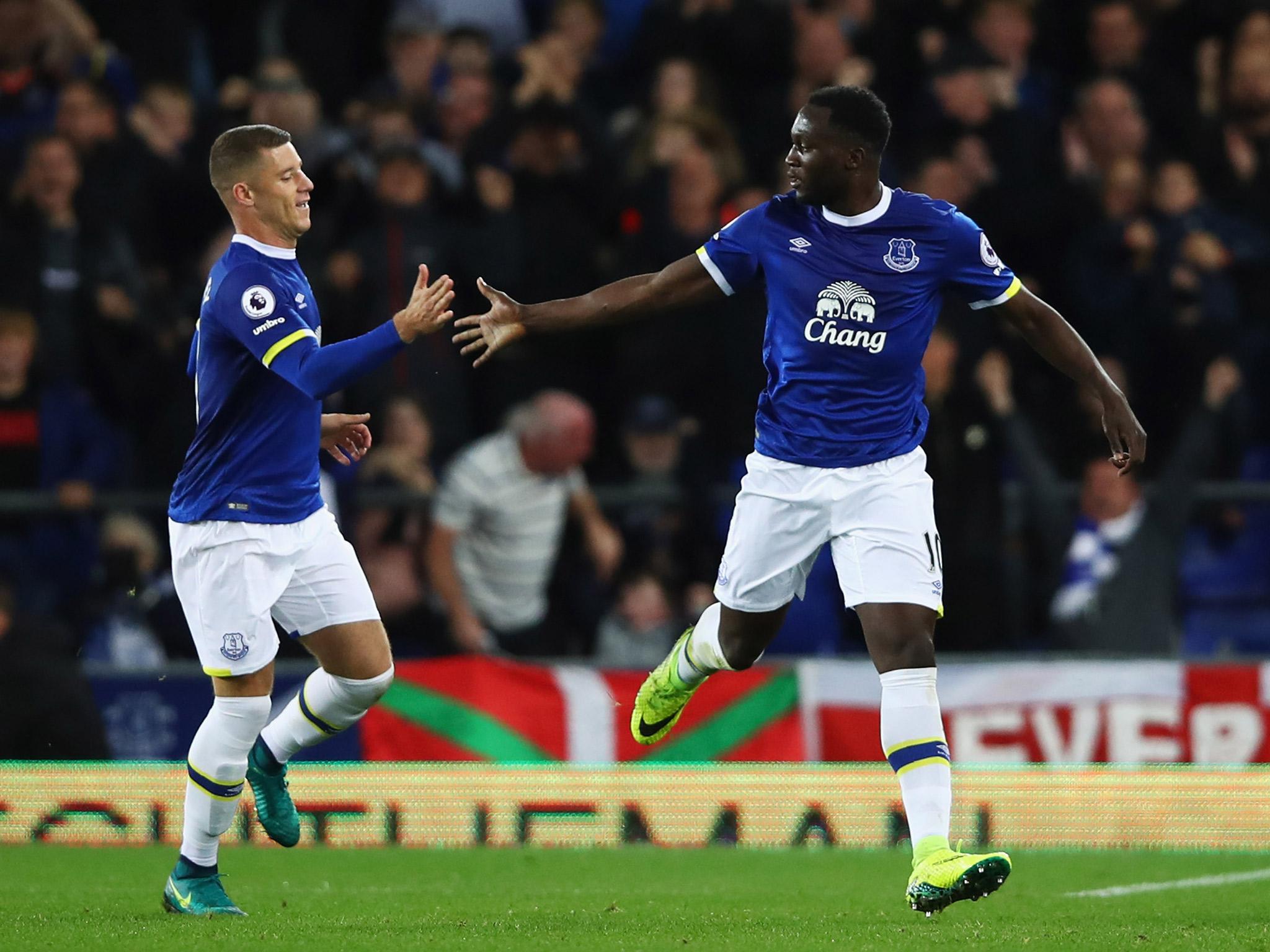 Ross Barkley and Romelu Lukaku celebrate after the latter scores for Everton