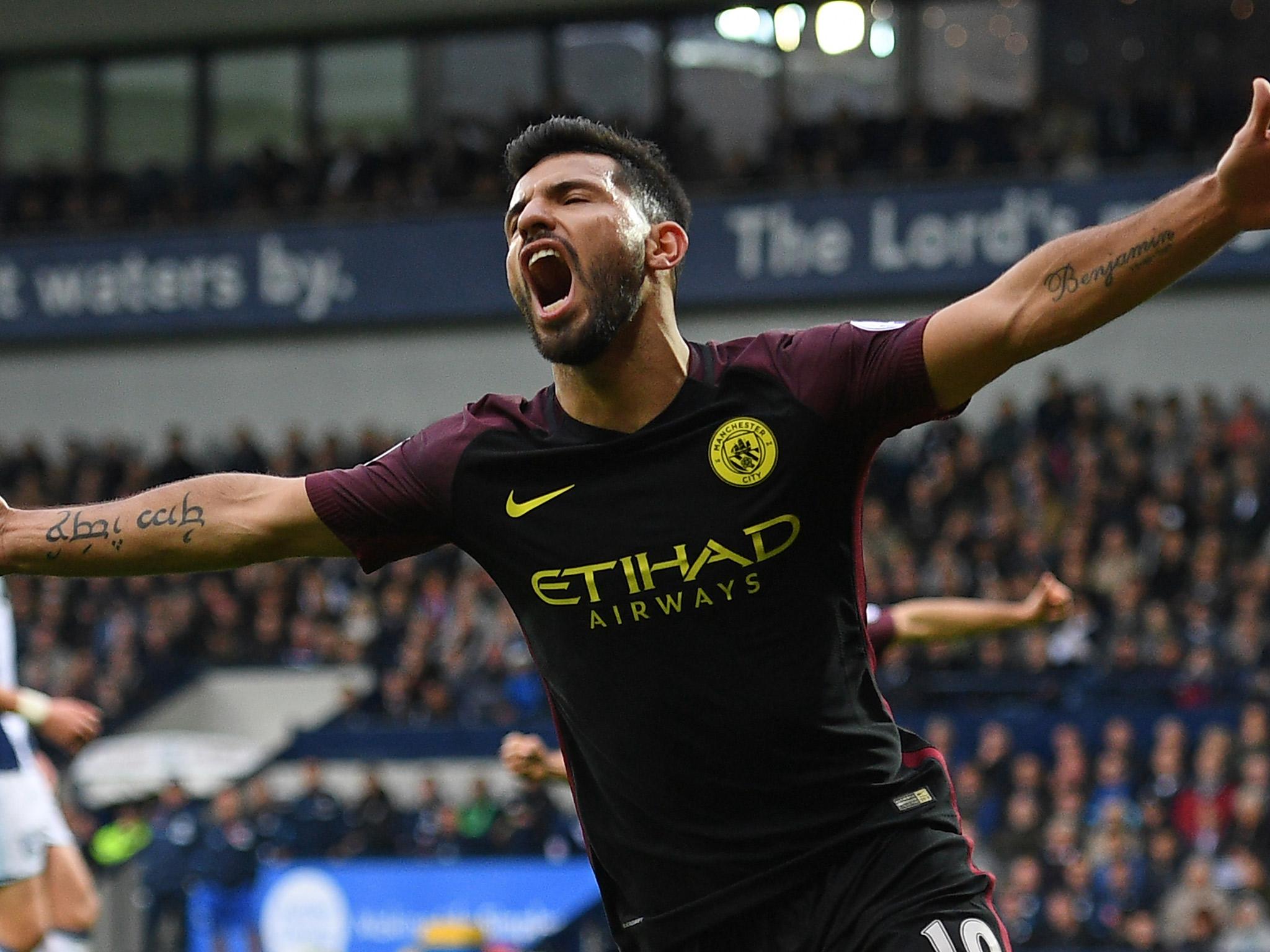 Sergio Aguero celebrates after scoring for Manchester City against West Brom