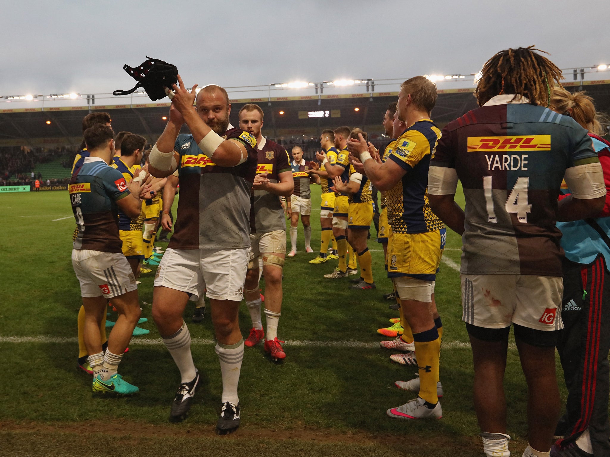 Mark Lambert applauds the fans at the Twickenham Stoop