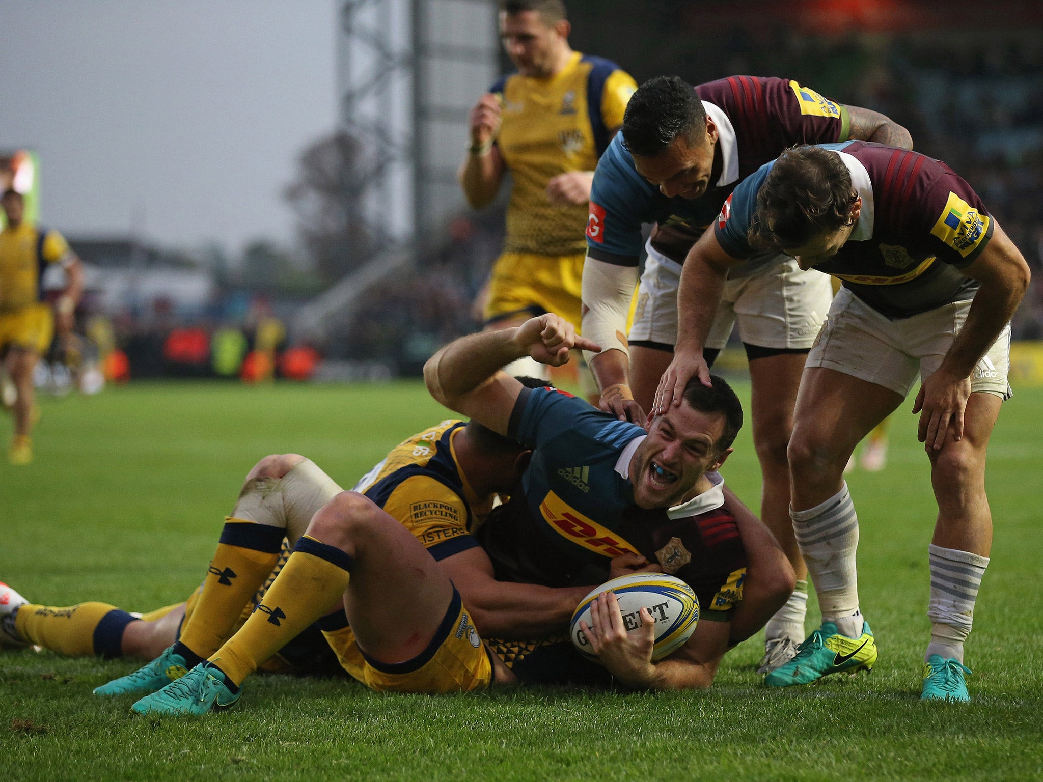Tim Visser has a try chalked off after Care was deemed to have obstructed a defender
