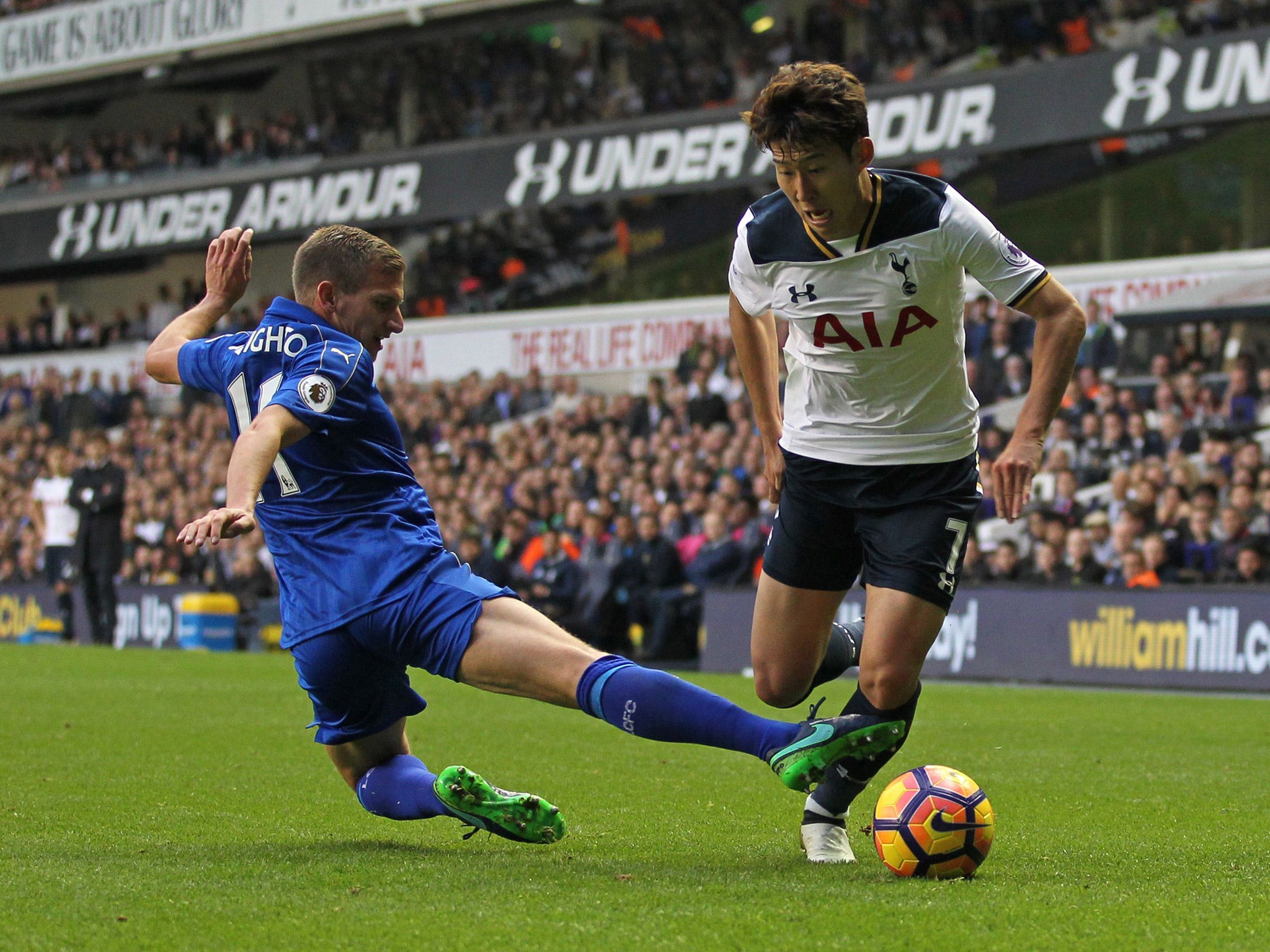 Marc Albrighton tackles Son Heung-min