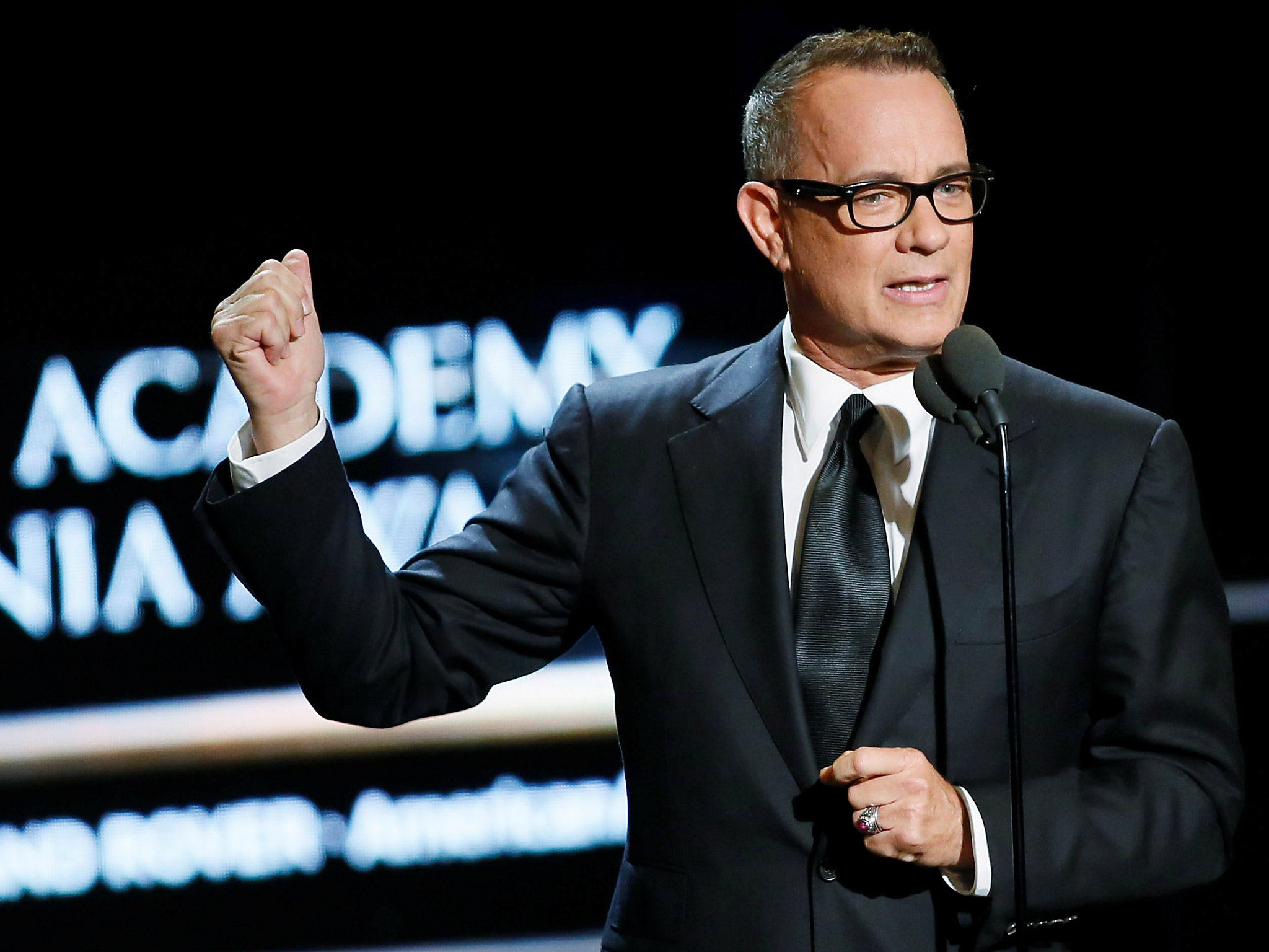 Actor Tom Hanks presents actress Felicity Jones the British Artist of the year award at the British Academy of Film and Television Arts (BAFTA Awards in Beverly Hills, California