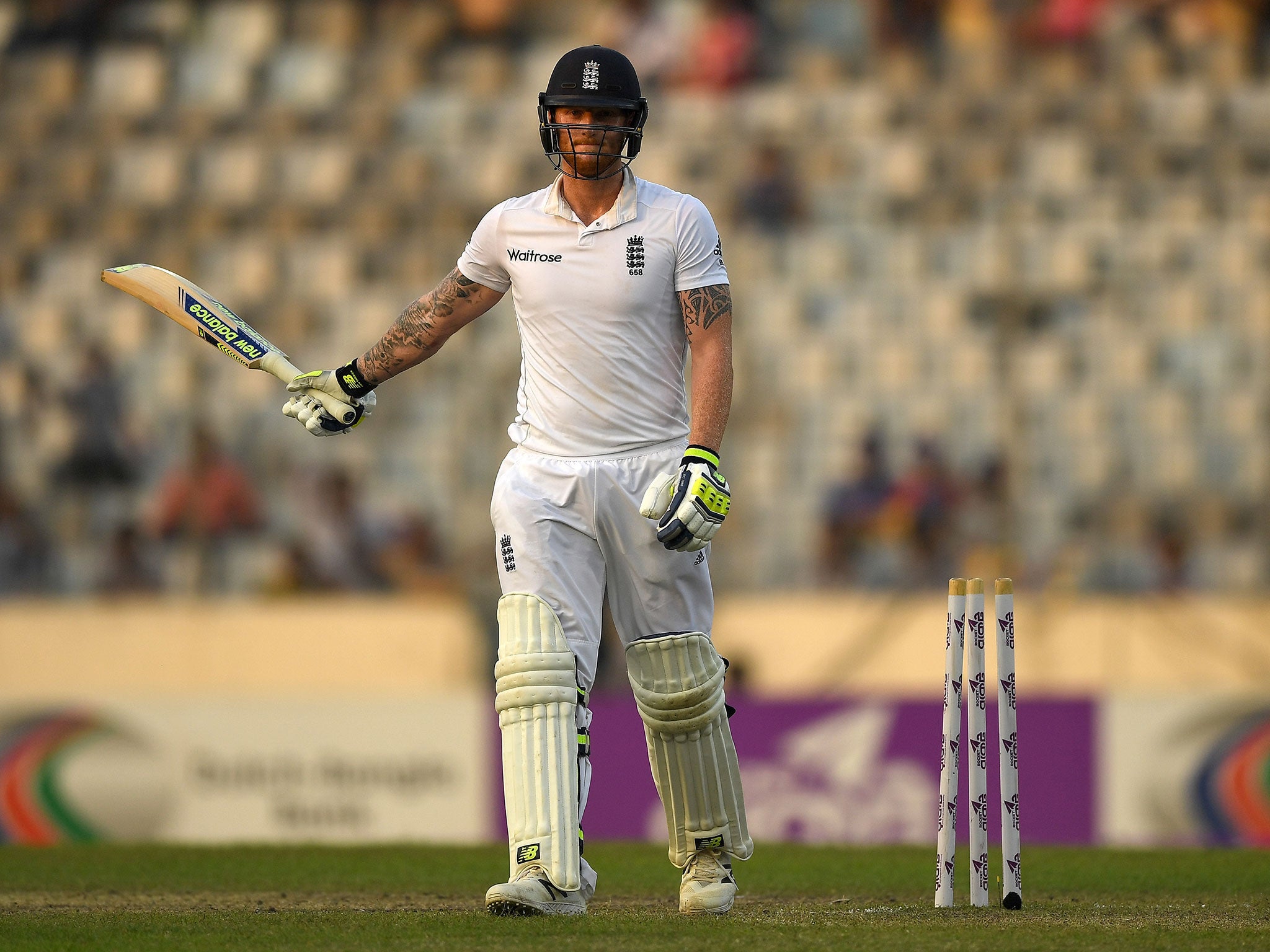 Ben Stokes leaves the field after being dismissed by Shakib Al Hasan