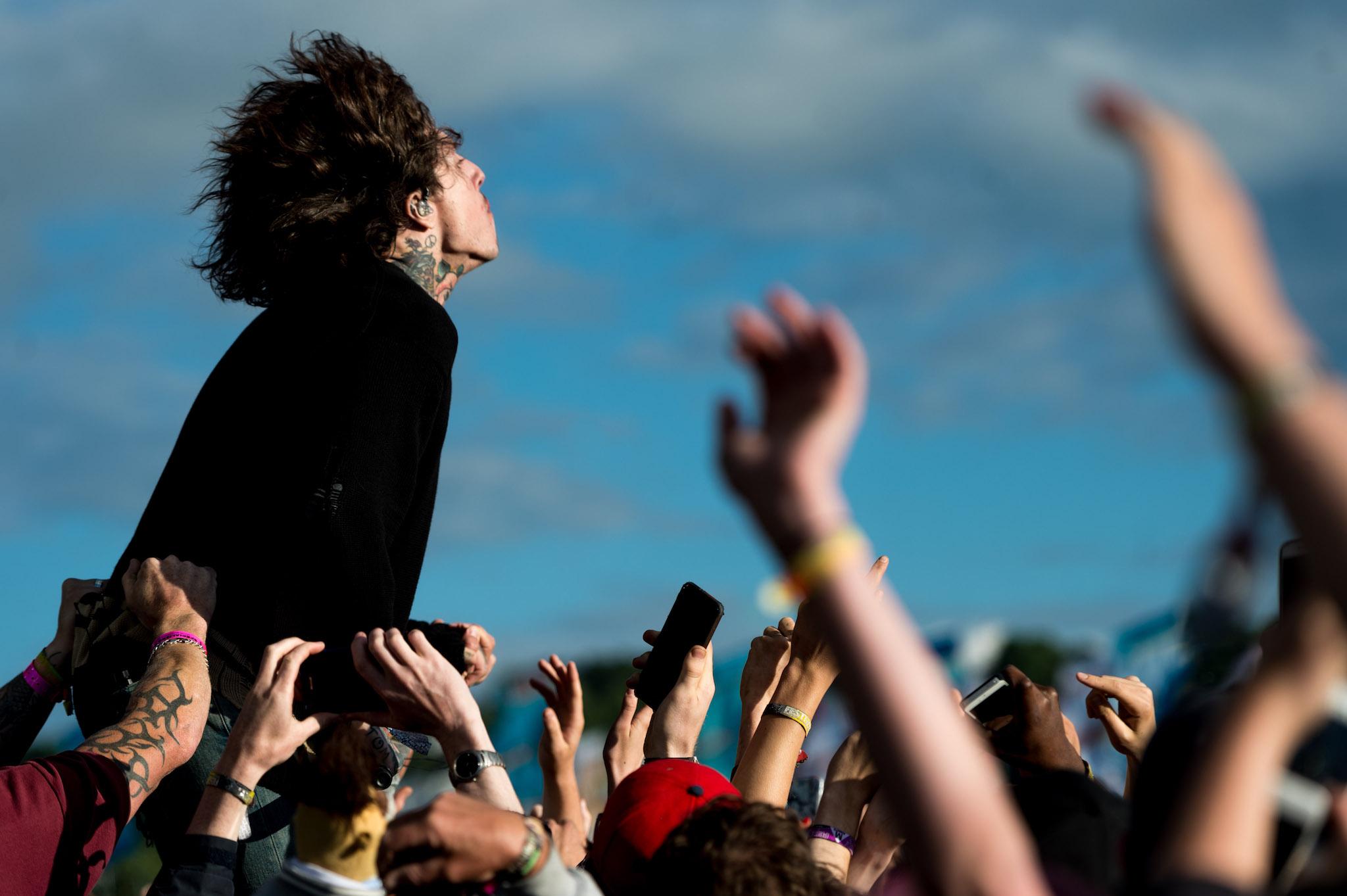 Oliver Sykes of 'Bring Me The Horizon' performs on the Other Stage during the Glastonbury Festival at Worthy Farm, Pilton on June 24, 2016 in Glastonbury, England