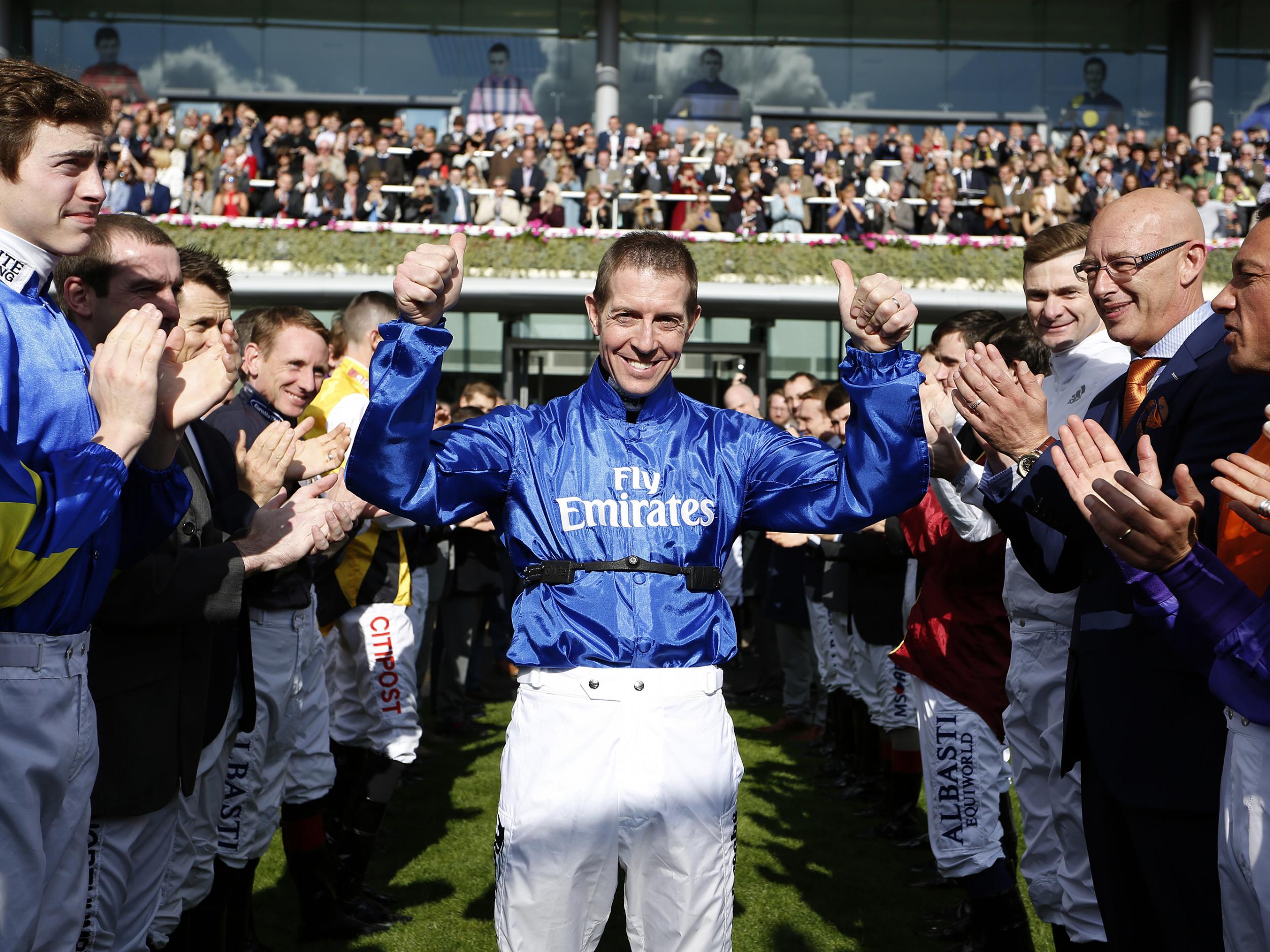 &#13;
A guard of honour for Stobart Champion Flat Jockey Jim Crowley at Ascot Racecourse two weeks ago &#13;