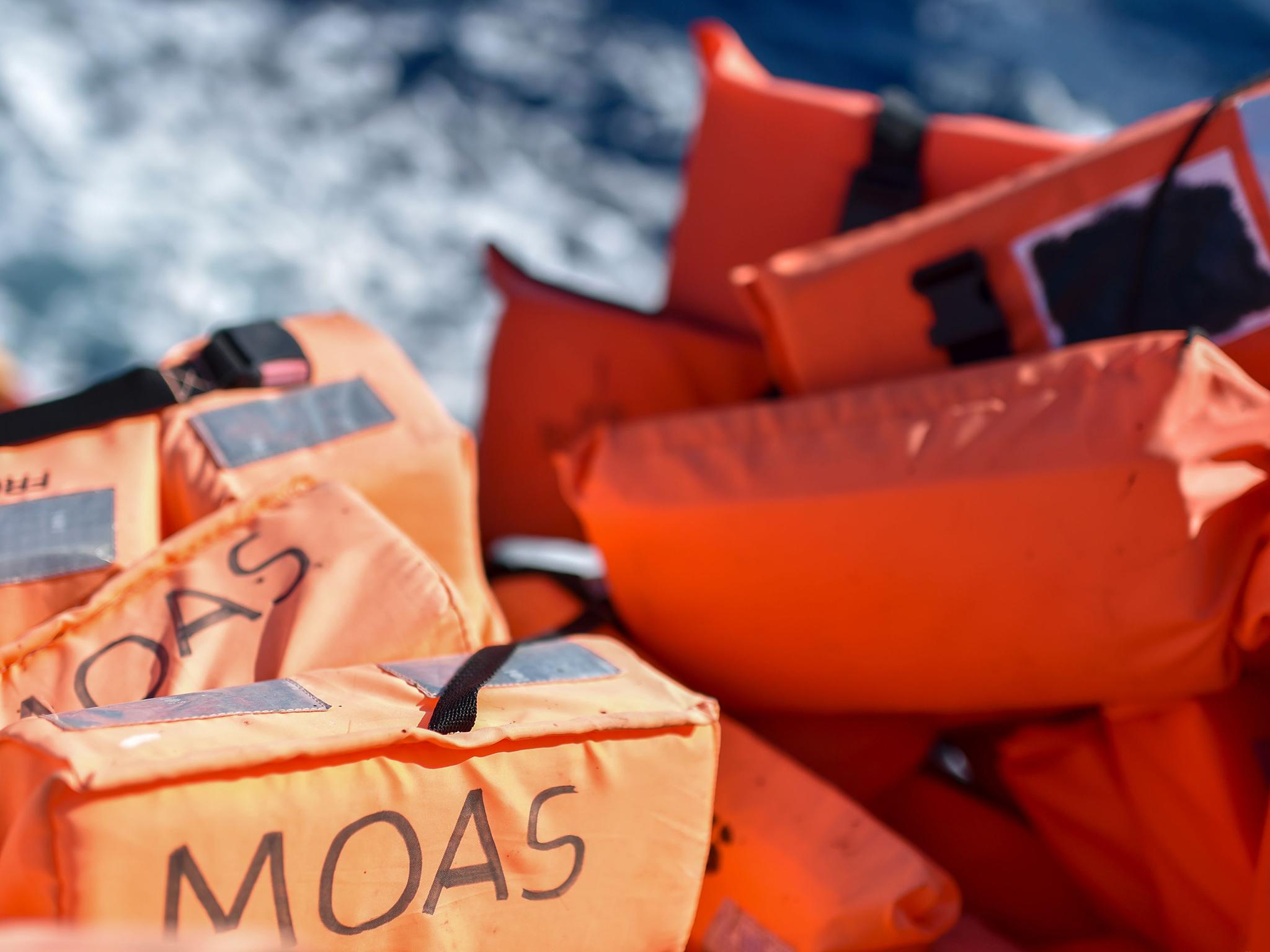 Life jackets are pictured on the Topaz Responder, a rescue ship run by Maltese NGO MOAS during a navigation to reach the rescue area, off the Libyan coast in the Mediterranean Sea,