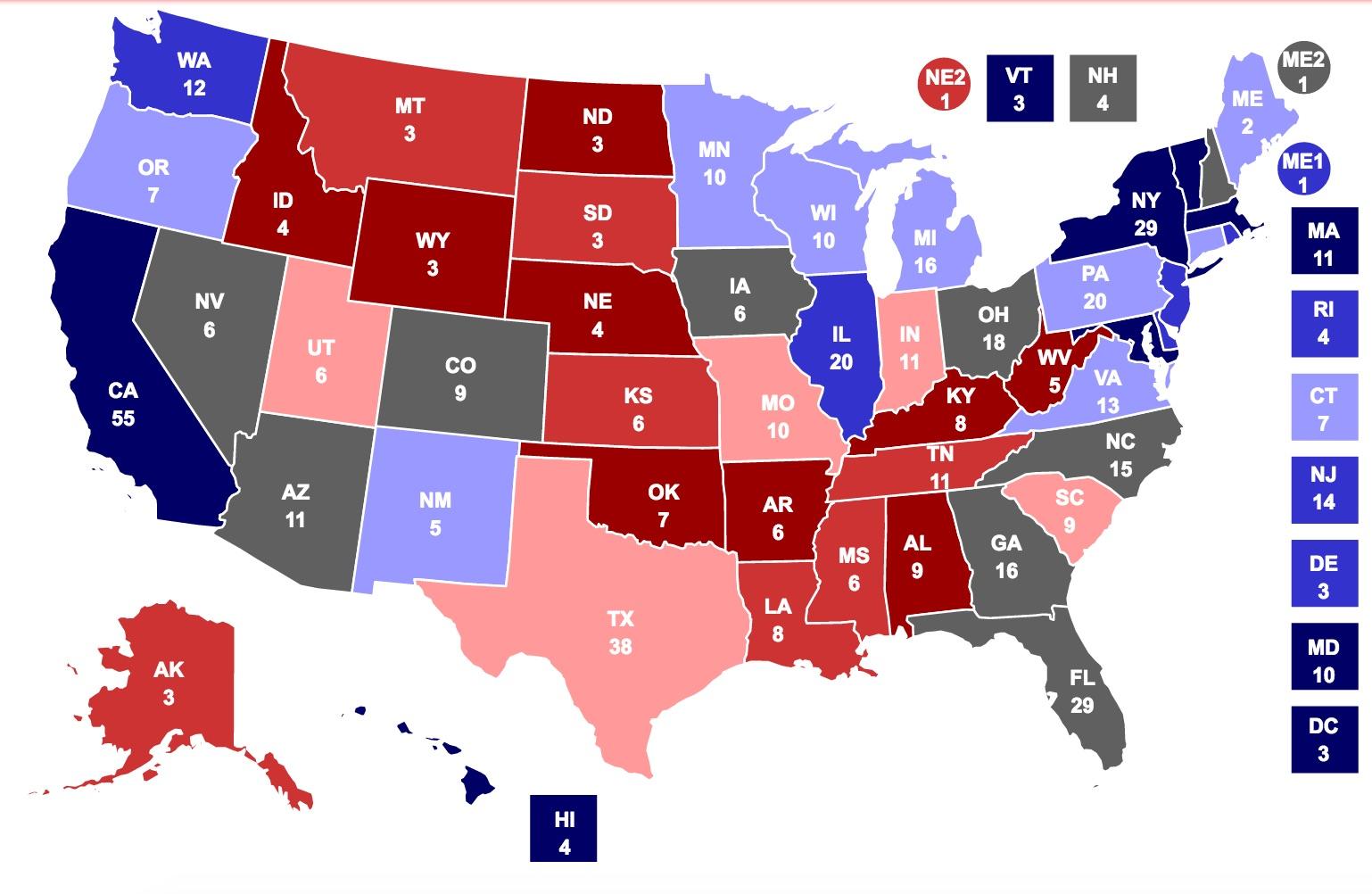 Trump states in red (stronger shades equalling greater support), Clinton states in blue, swing states in grey