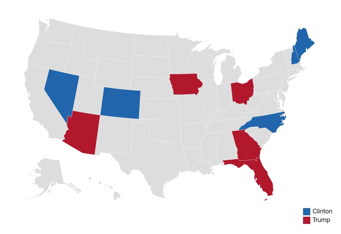 Coloured in based on which way they are leaning in latest polls, though all are close