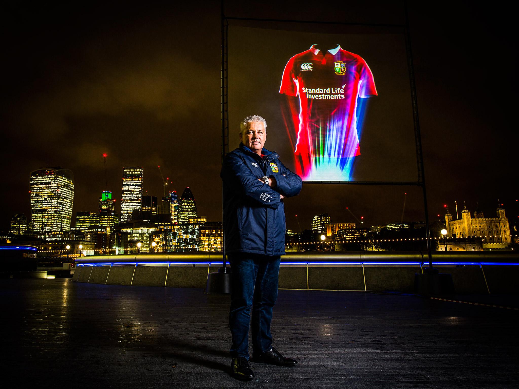 Warren Gatland stands alongside the new British and Irish Lions jersey