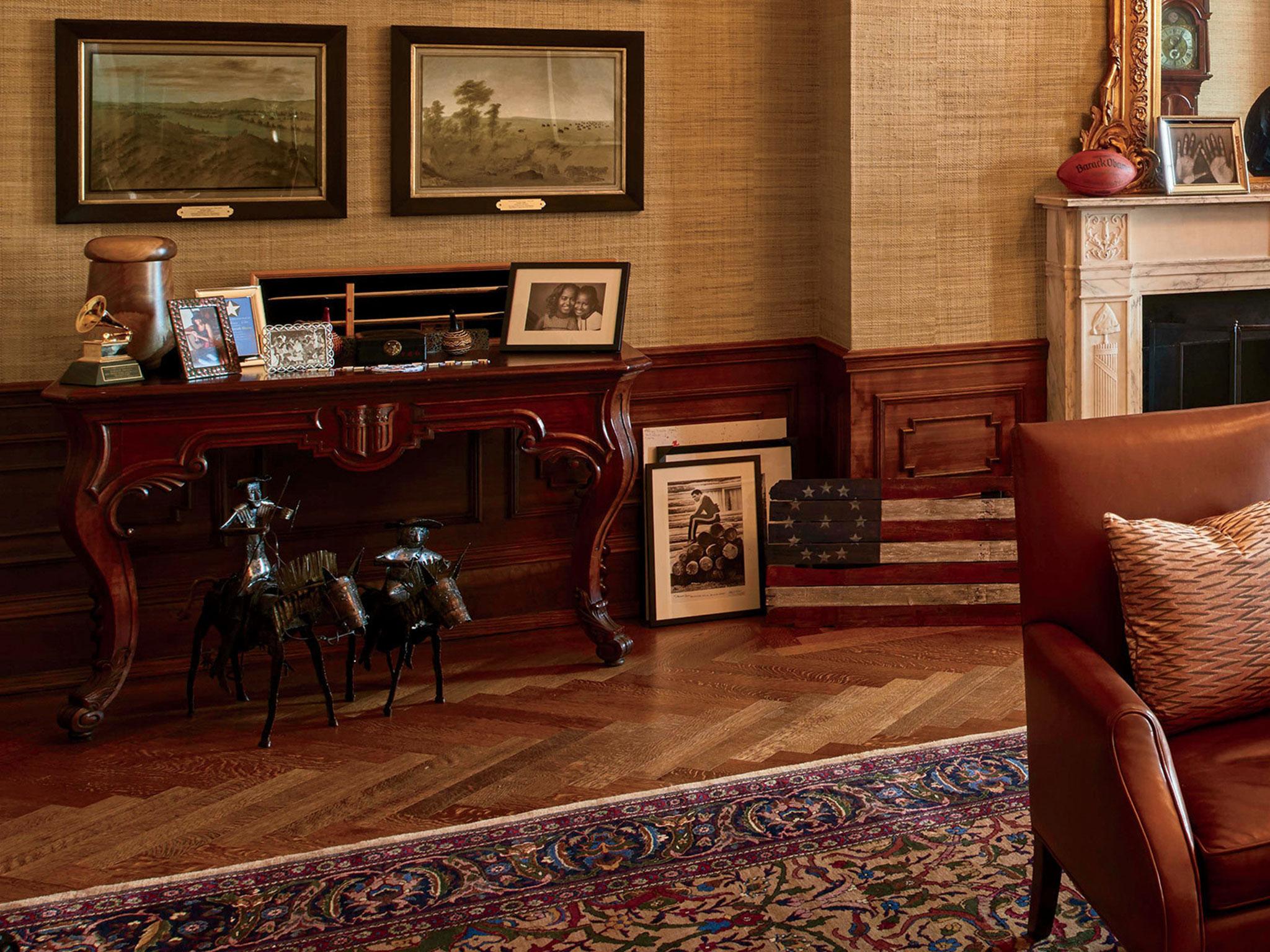 This close up shows the president's personalised football and his Grammy award in the The Treaty Room