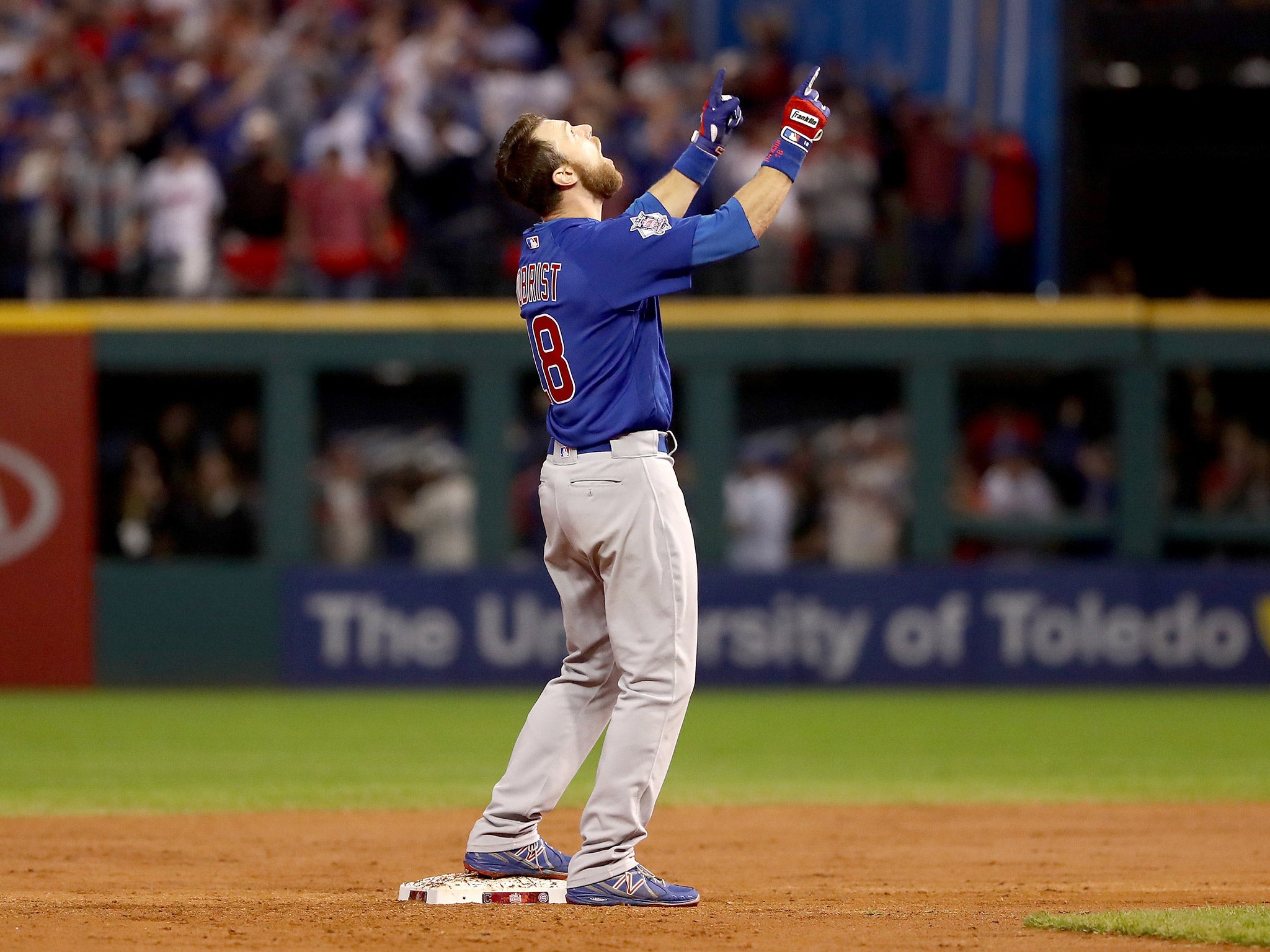 Ben Zobrist celebrates after the Chicago Cubs win the World Series