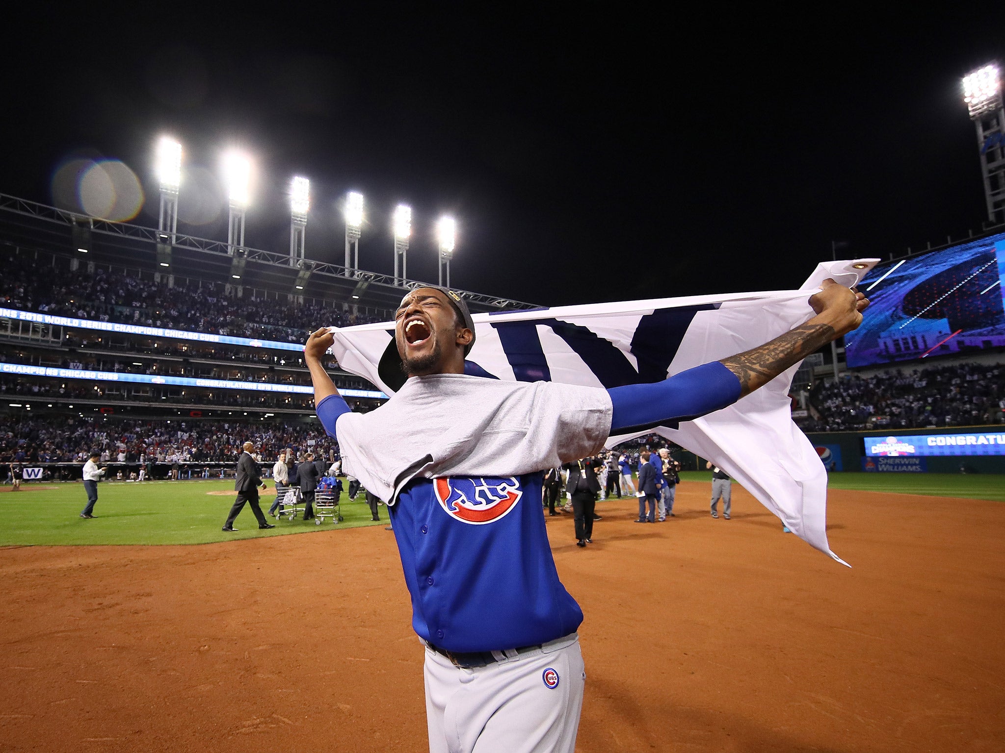 Carl Edwards Jr celebrates the Cubs' World Series victory