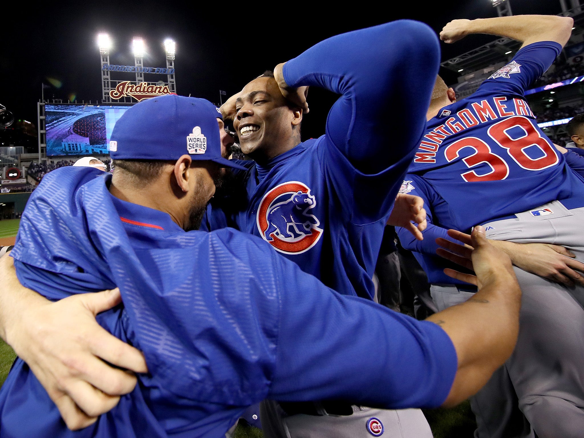 &#13;
Aroldis Chapman celebrates with his team-mates &#13;