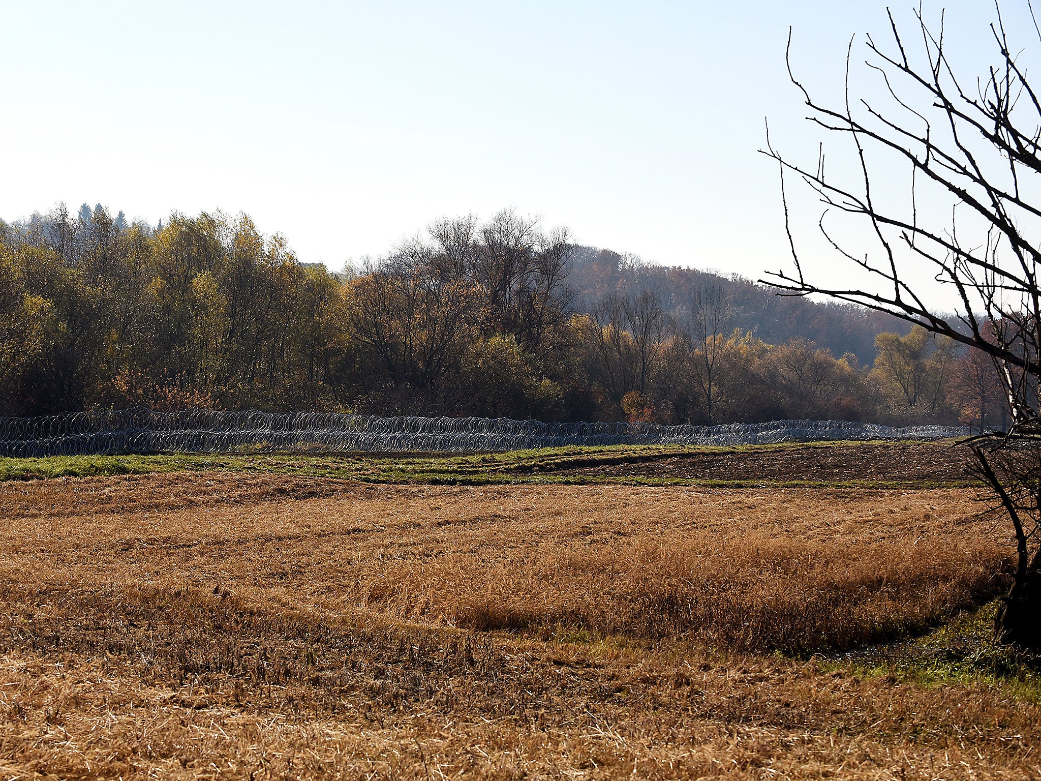 Barbed wire fences set by Slovenian soldiers on the Slovenian-Croatian border near Rakovec. Slovenia