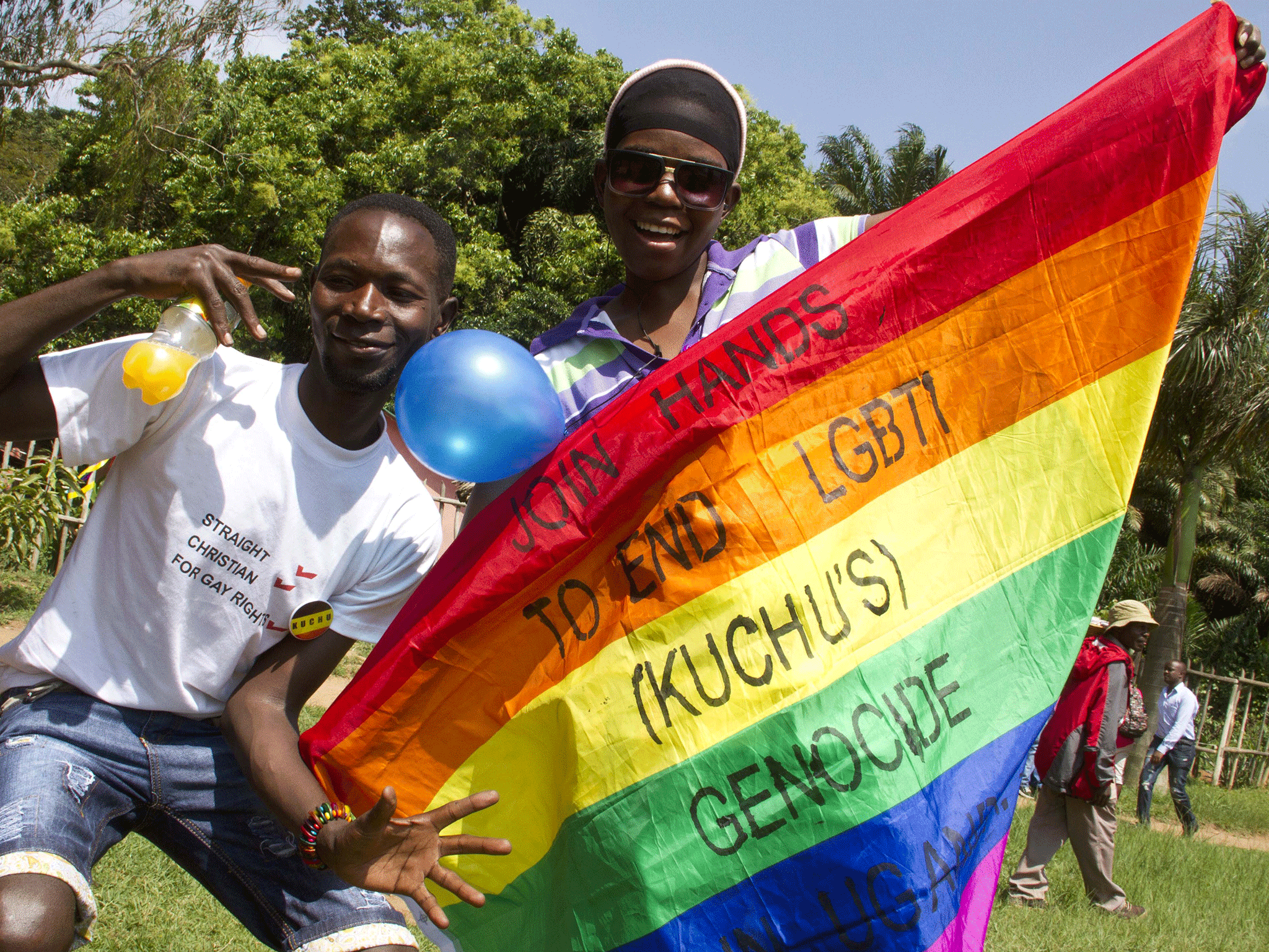 Men at the gay pride event in Entebbe, Uganda, in 2014 Getty