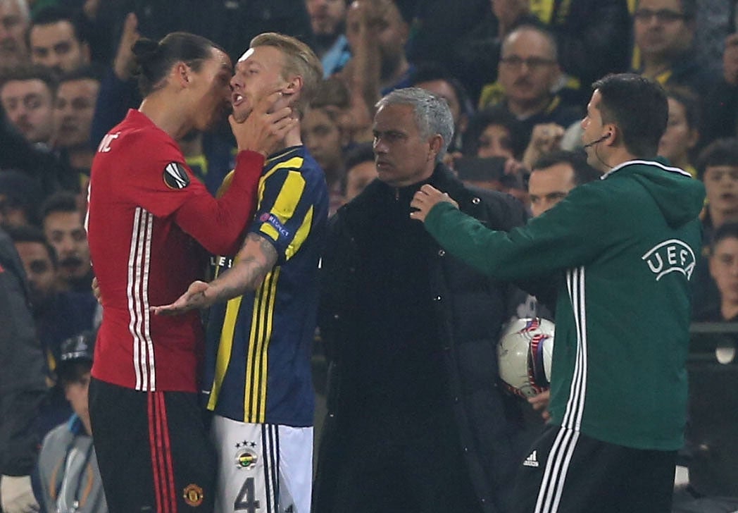 Ibrahimovic grabs Kjaer by the throat during United's 2-1 defeat