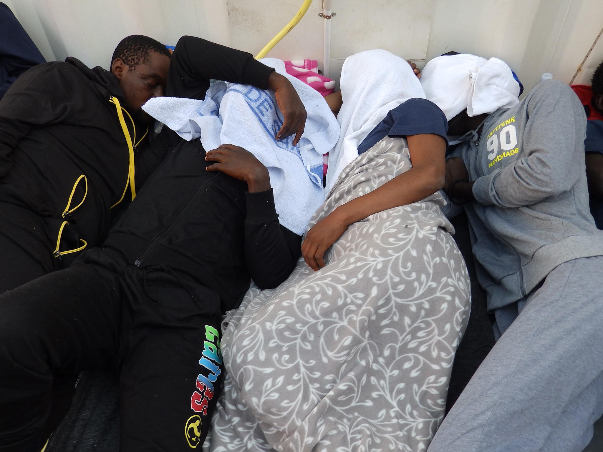 Migrants sleeping on the MSF Bourbon Argos after being rescued off the coast of Libya (Lizzie Dearden)