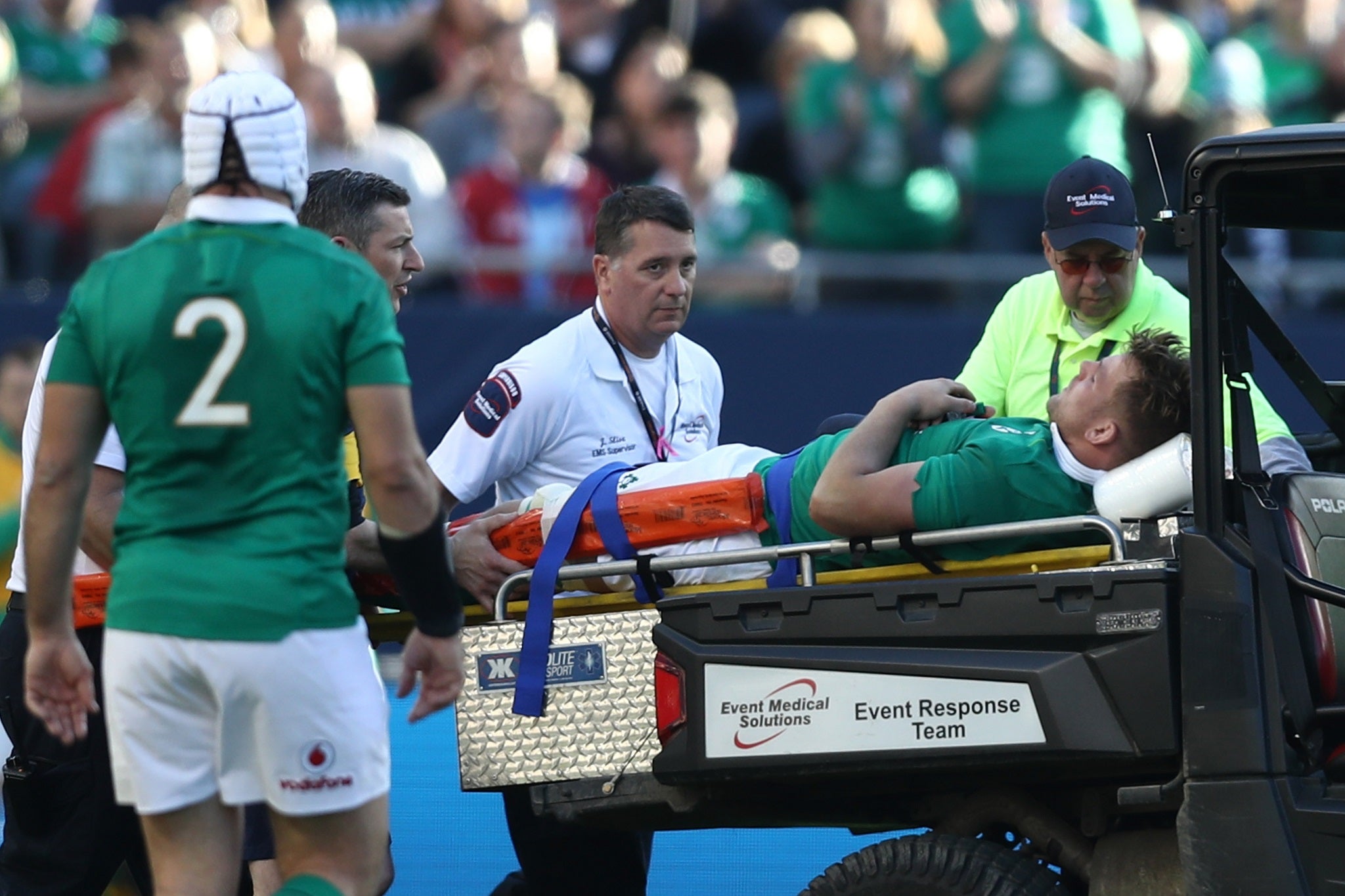 Jordi Murphy is carried off the pitch on a stretcher