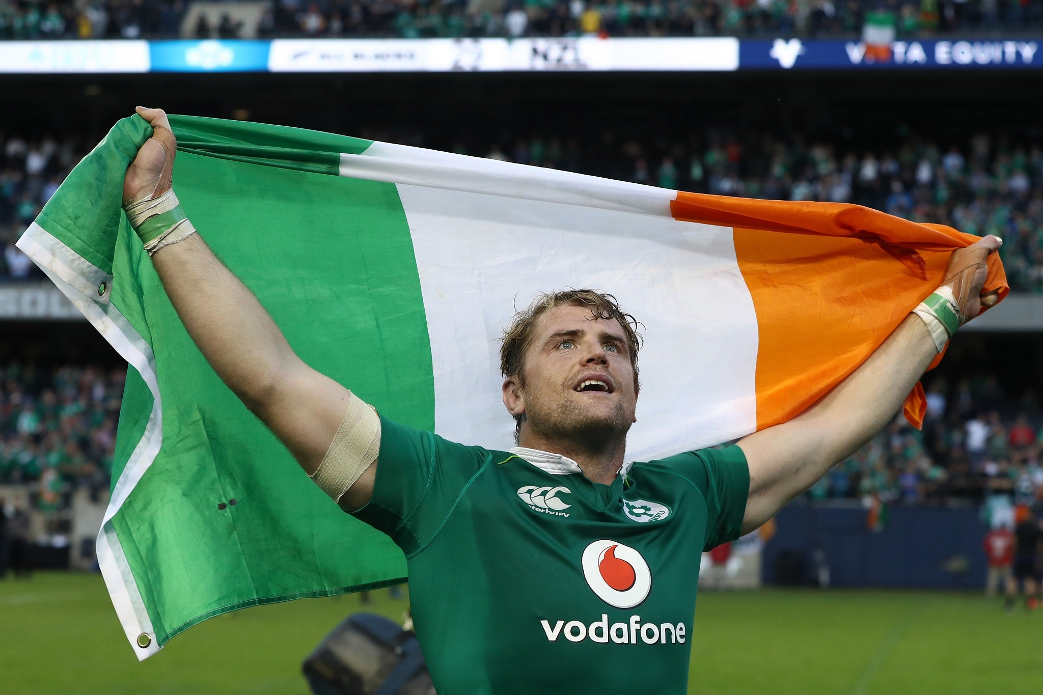 Jamie Heaslip celebrates Ireland's 40-29 victory over New Zealand at Soldier Field in Chicago