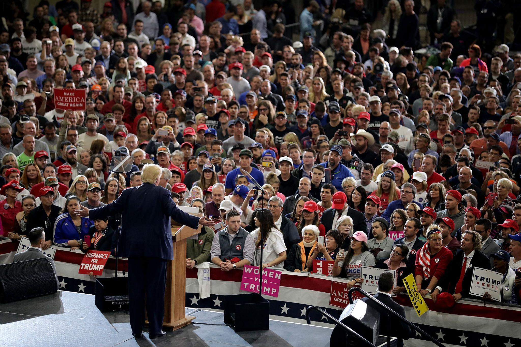 Donald Trump on stage in Denver on Saturday night, the last stop on a frantic day of campaigning in Florida, North Carolina, Nevada and Colorado